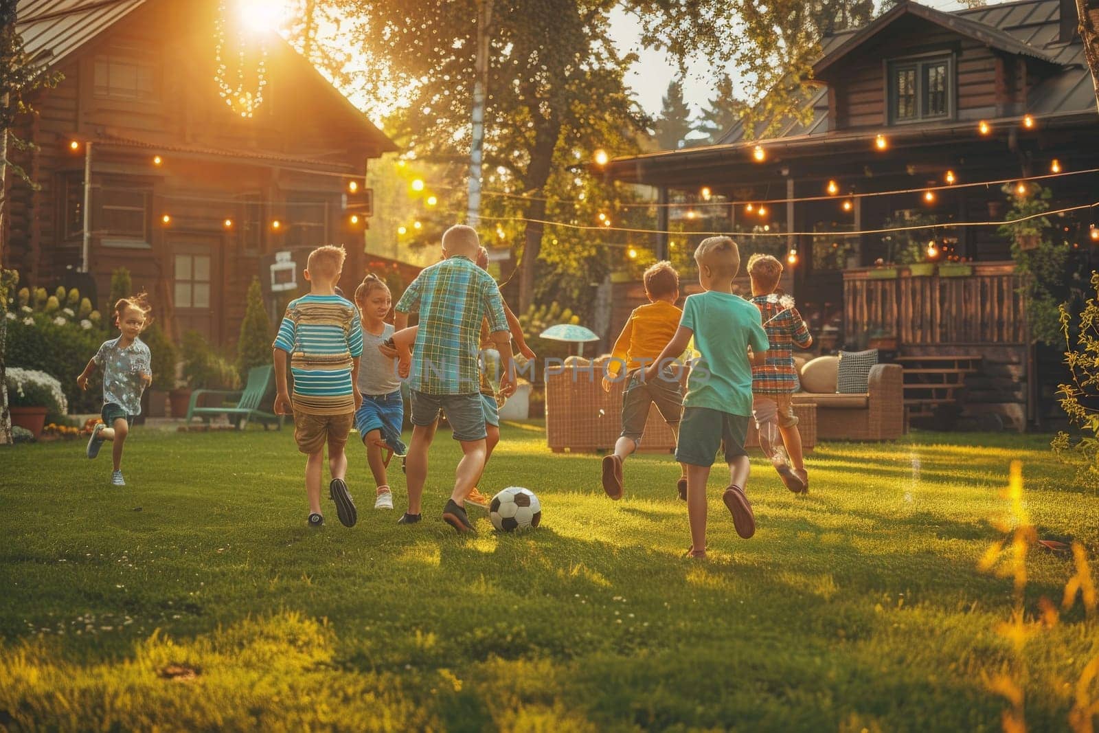 A group of children playing soccer in a yard. Scene is happy and energetic