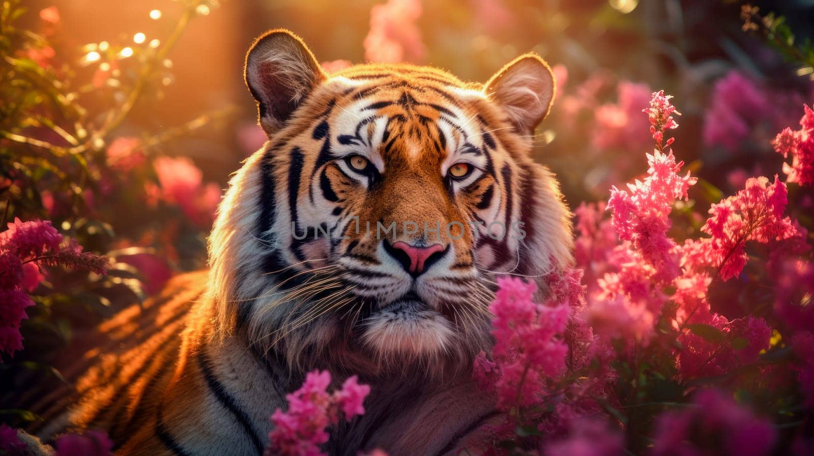 Cute, beautiful tiger in a field with flowers in nature, in sunny pink rays. Environmental protection, nature pollution problem, wild animals. Advertising for travel agency, pet store, veterinary clinic, phone screensaver, beautiful pictures, puzzles