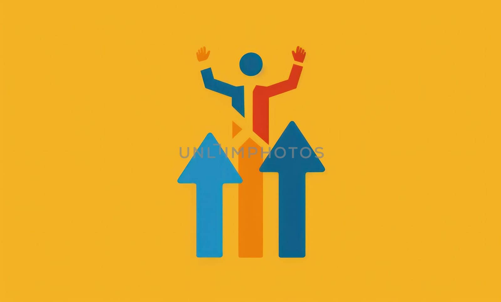 Success in travel man with arms up standing on top of arrow symbolizing achievement and progress