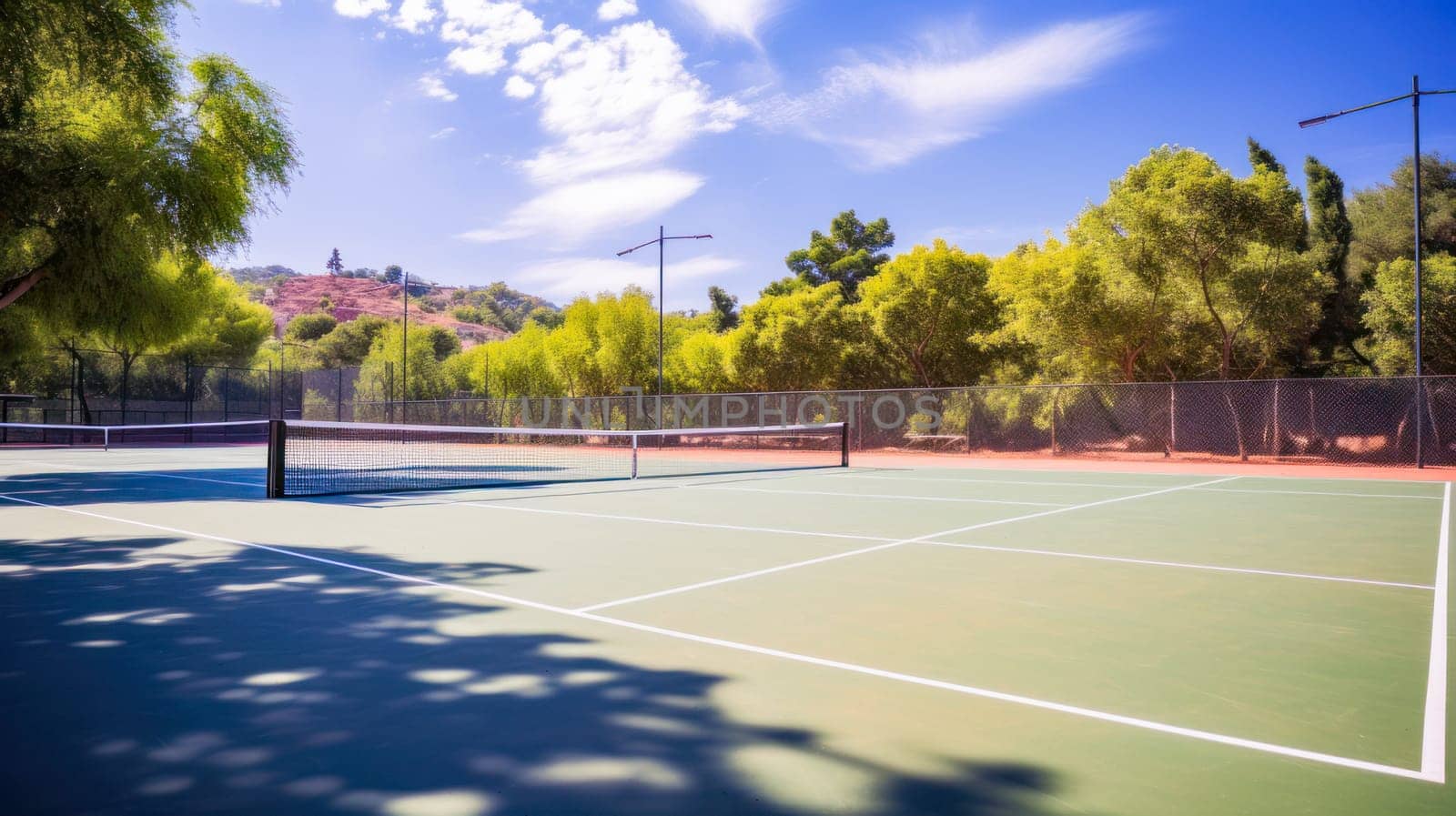 Tennis court in the sunny day horizont. Playing sports, healthy lifestyle, physical activity, training, active lifestyle, competition, Preparation for big sports.