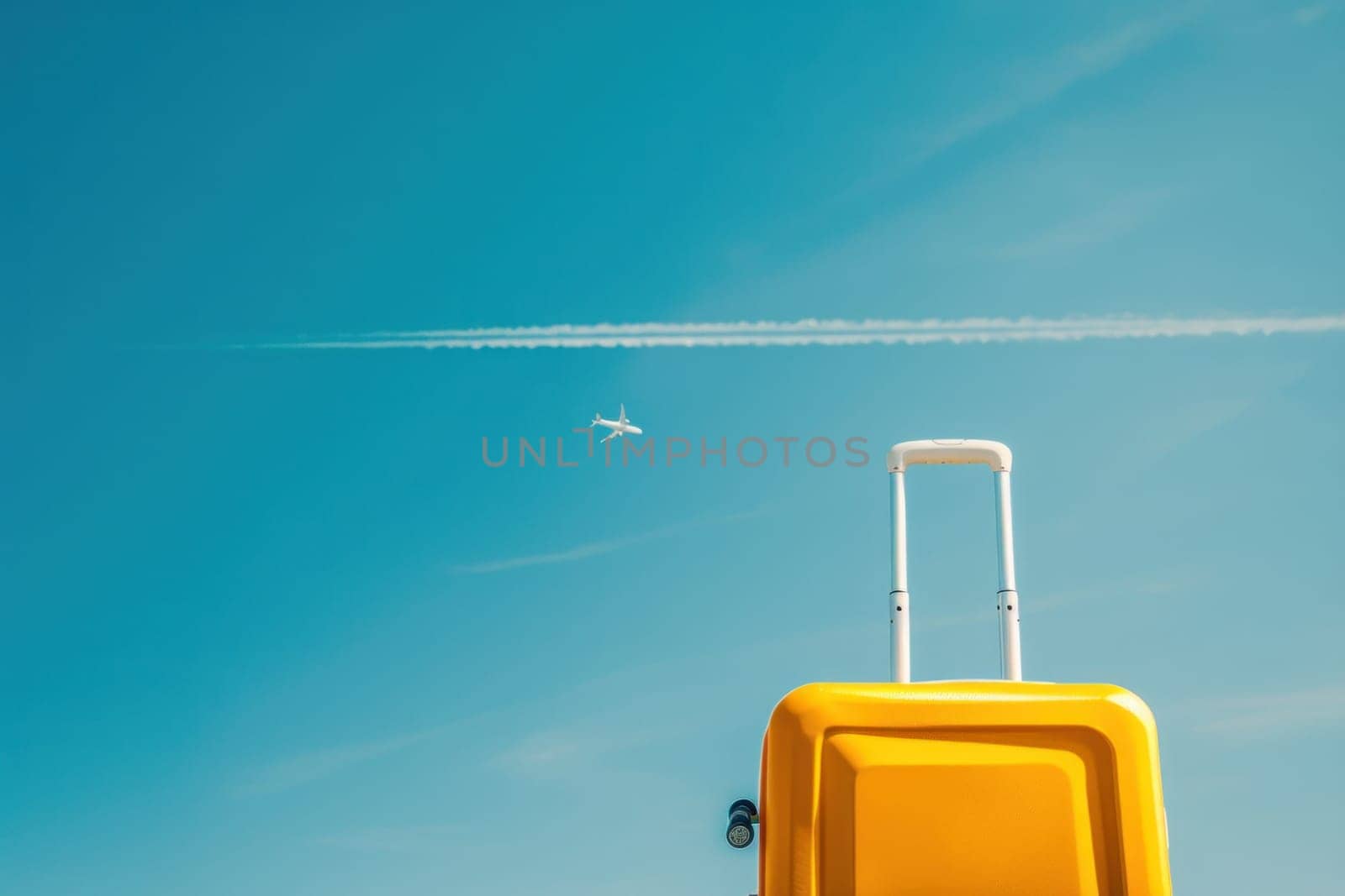 Travel in style with a sleek suitcase under a vibrant blue sky as a jet plane soars overhead