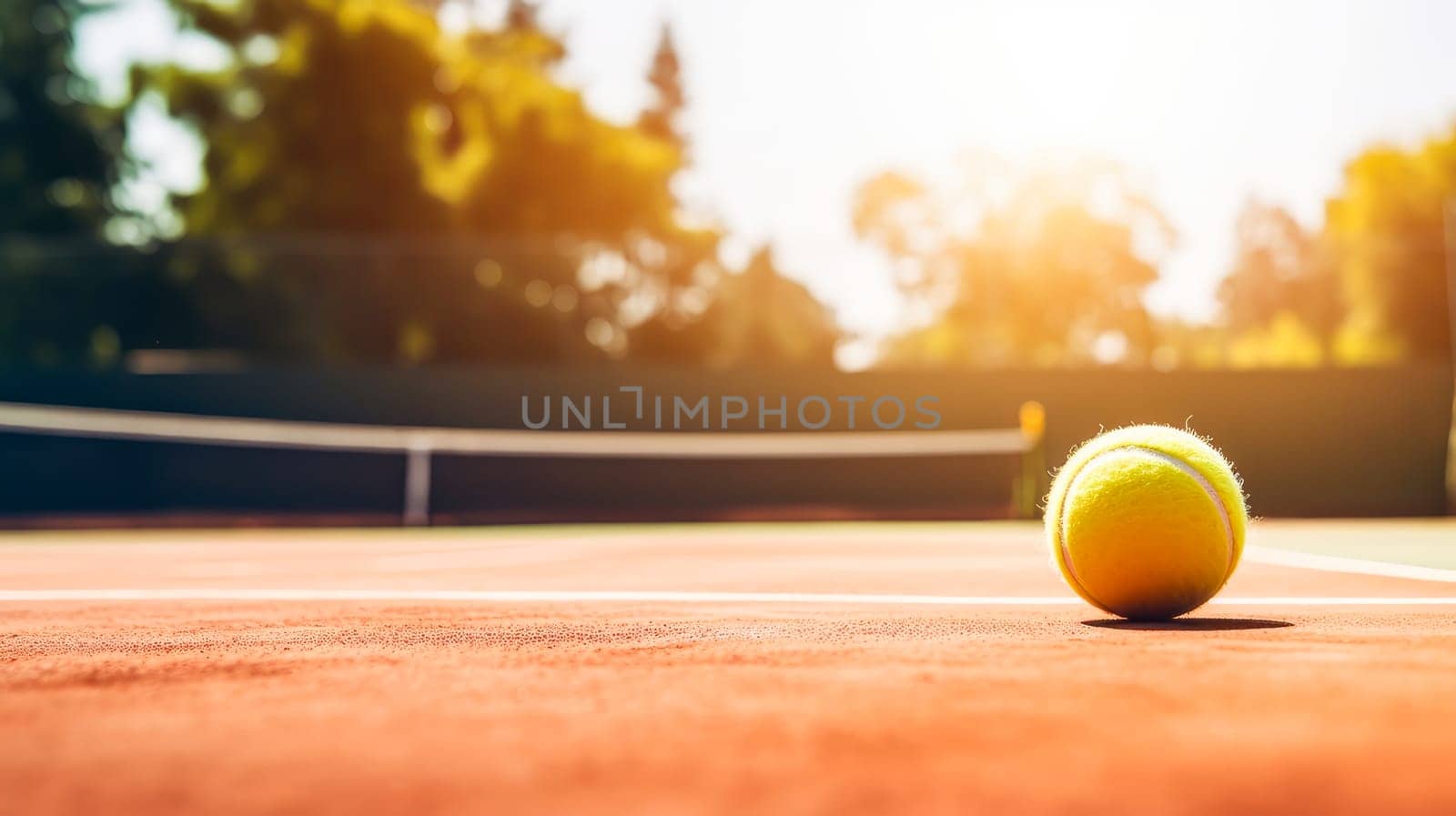 Detail of a tennis ball stopped on the ground of a clay tennis court during a sunny day by Alla_Yurtayeva