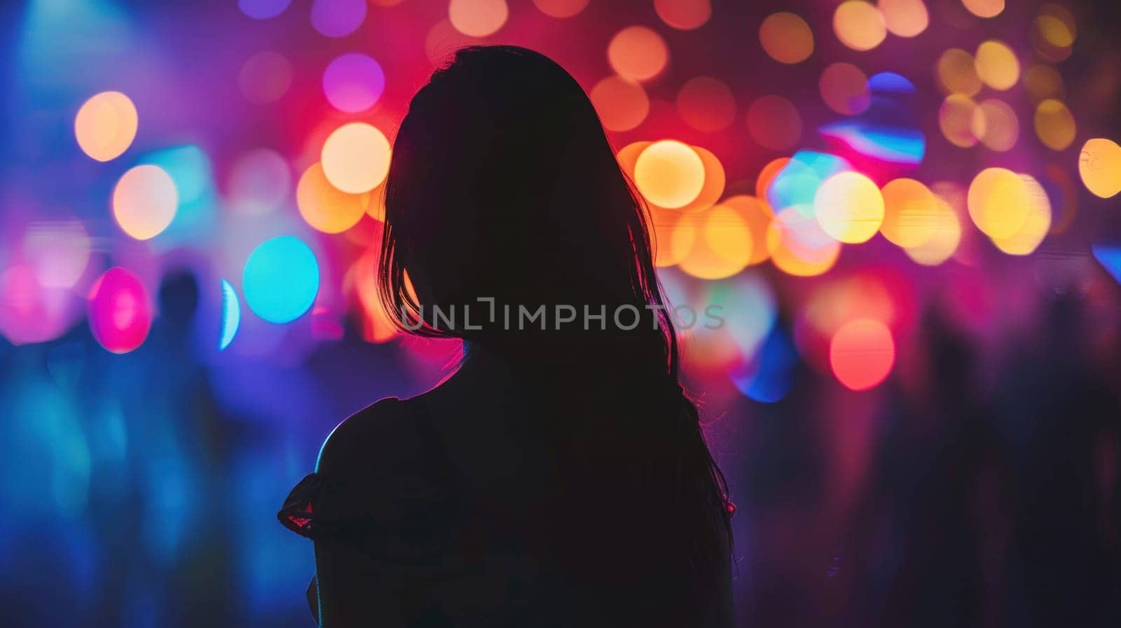 Silhouetted woman in front of party crowd, event celebration nightlife happy happiness friends fun socializing excitement joyful people lifestyle energy fashion trendy city life