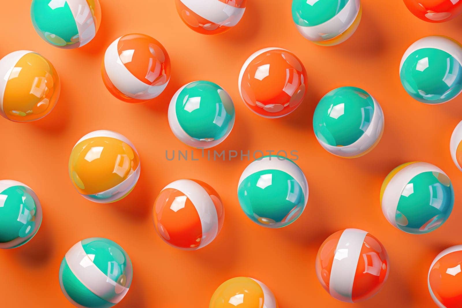 Colorful beach balls on an orange background for summer vacation, travel, and fun concept with 3d illustration