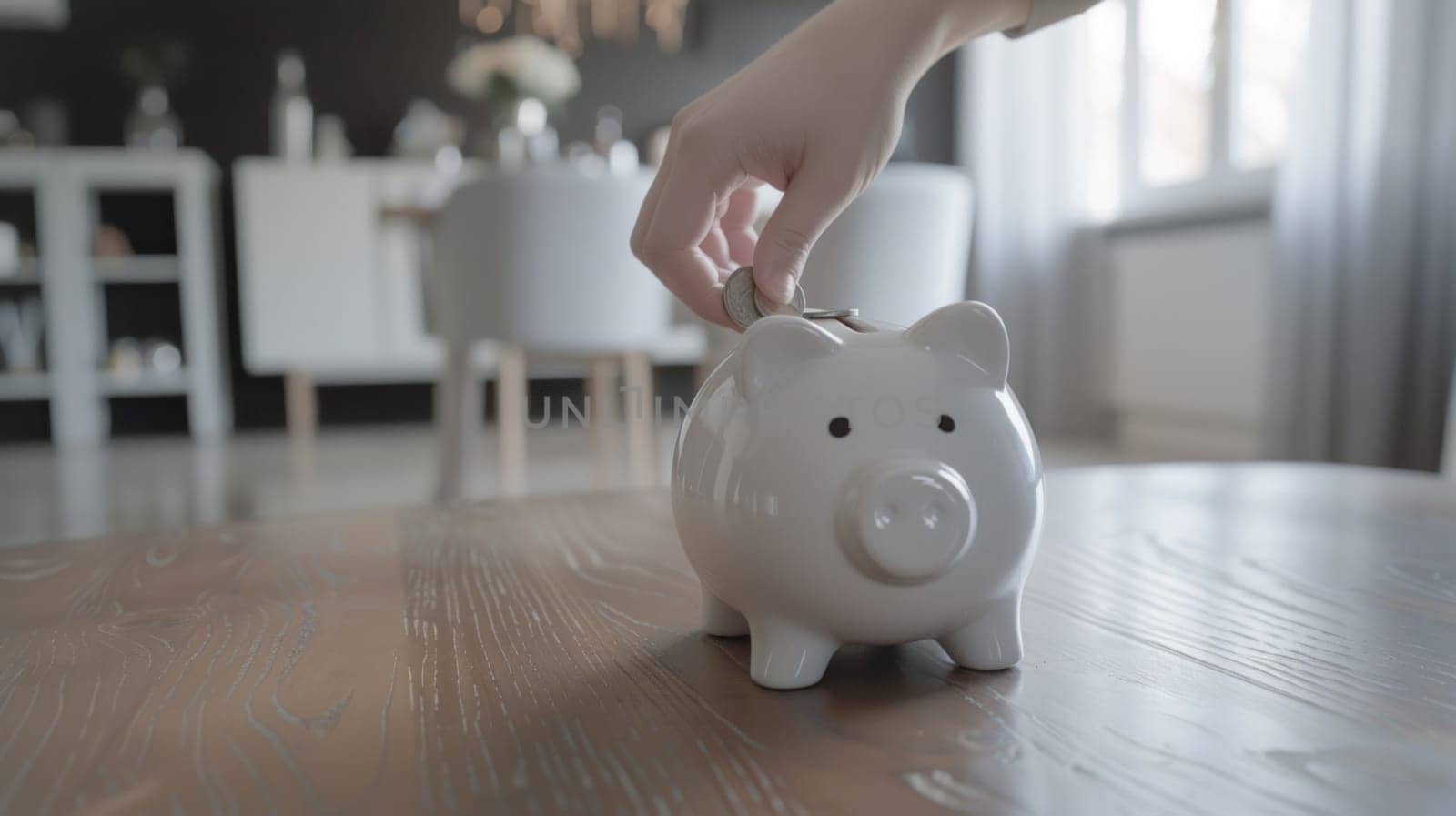 Person putting money into white piggy bank on table in front of living room for financial savings and investment