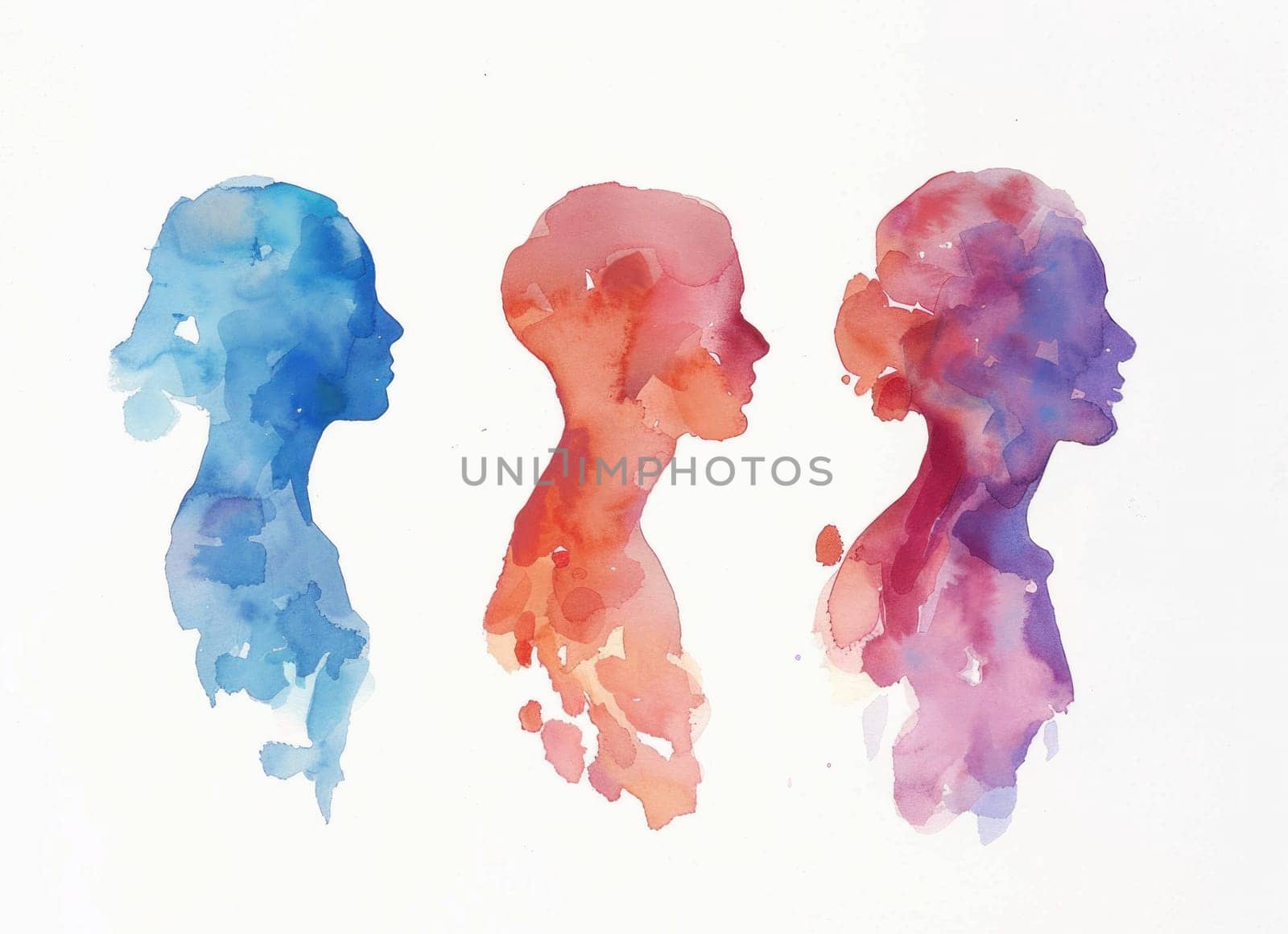Three diverse women heads watercolor abstract illustration on white background for fashion and beauty concept art