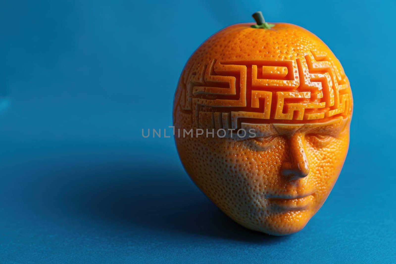 The enigmatic journey an intriguing orange head with a maze pattern on blue background