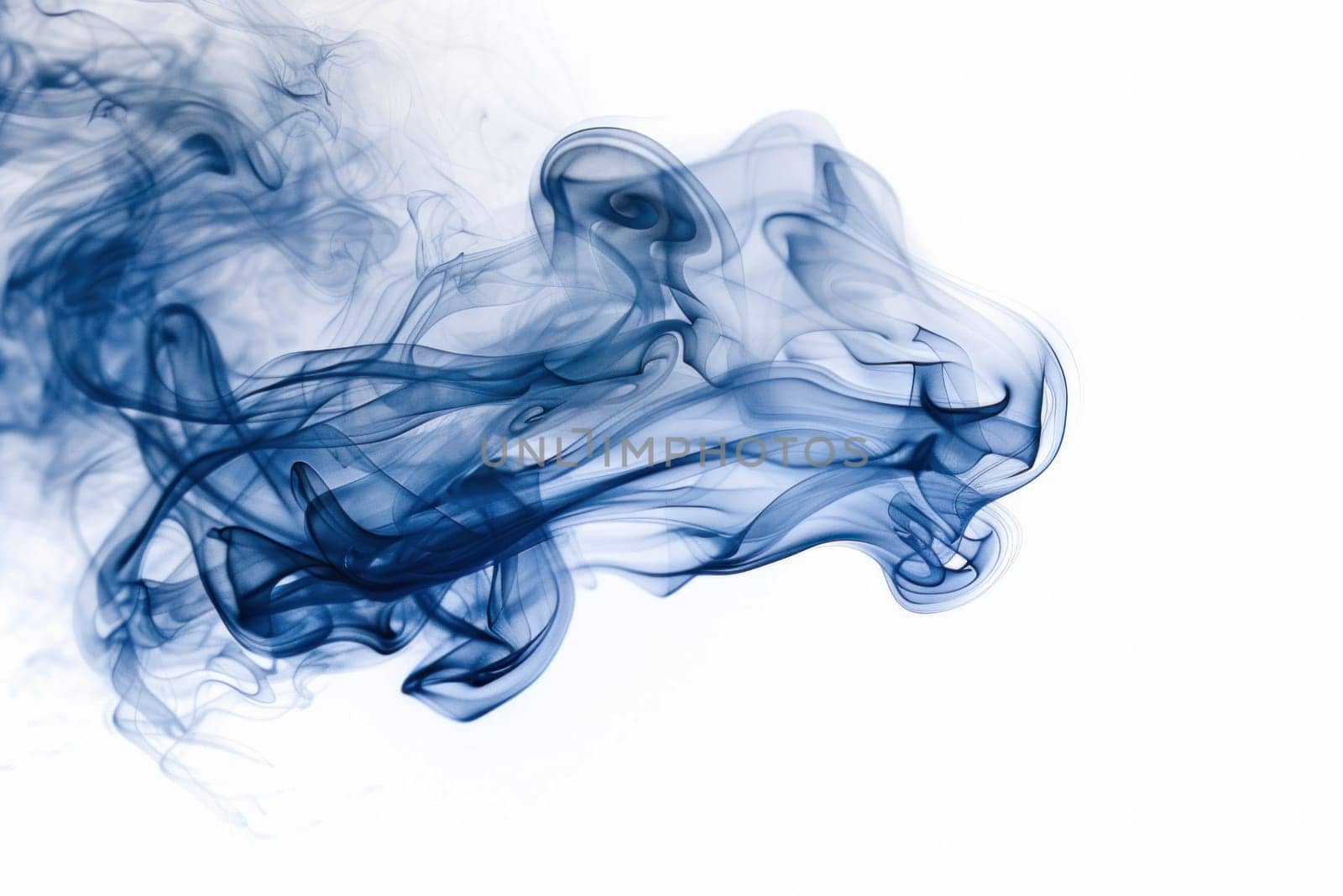 Mysterious blue smoke surrounding black cat in the center on white background, intriguing and captivating artistic image