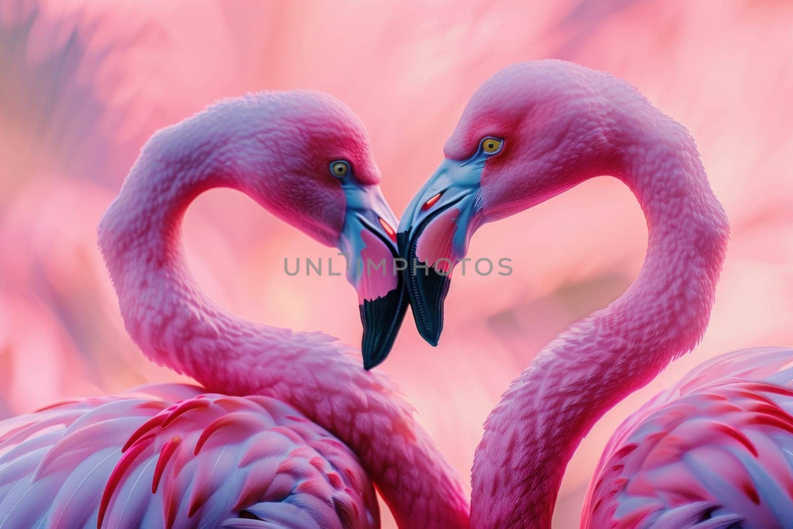 Romantic flamingos making heart shape in front of pink background for love, nature, and art themes
