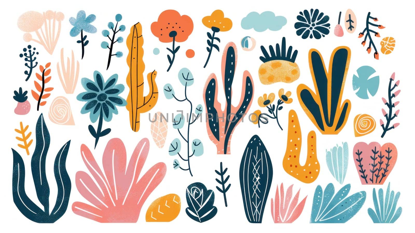 Hand drawn cactus and succulents in various colors and shapes on a white background for art and home decor