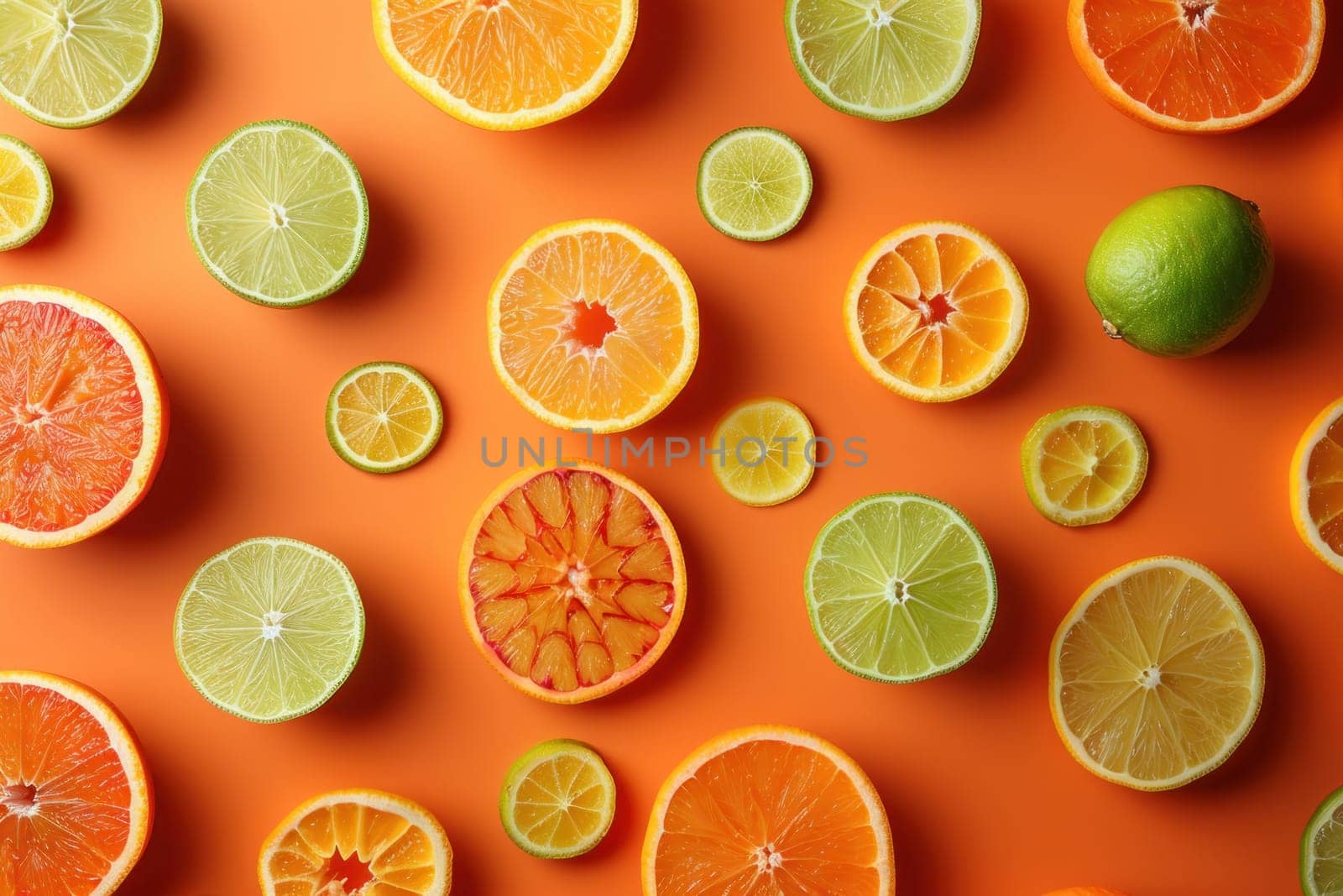 Citrus slices on vibrant orange background, top view flat lay composition, culinary freshness concept