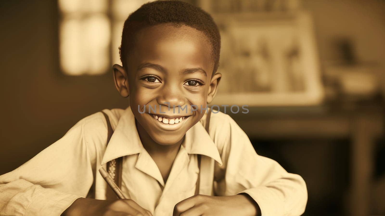 African dark-skinned happy and smiling boy child sitting at a desk at school. concept of education in Africa, learning problems, third world countries, volunteering, helping a school near a village, lack of knowledge and teachers, outdoor education.