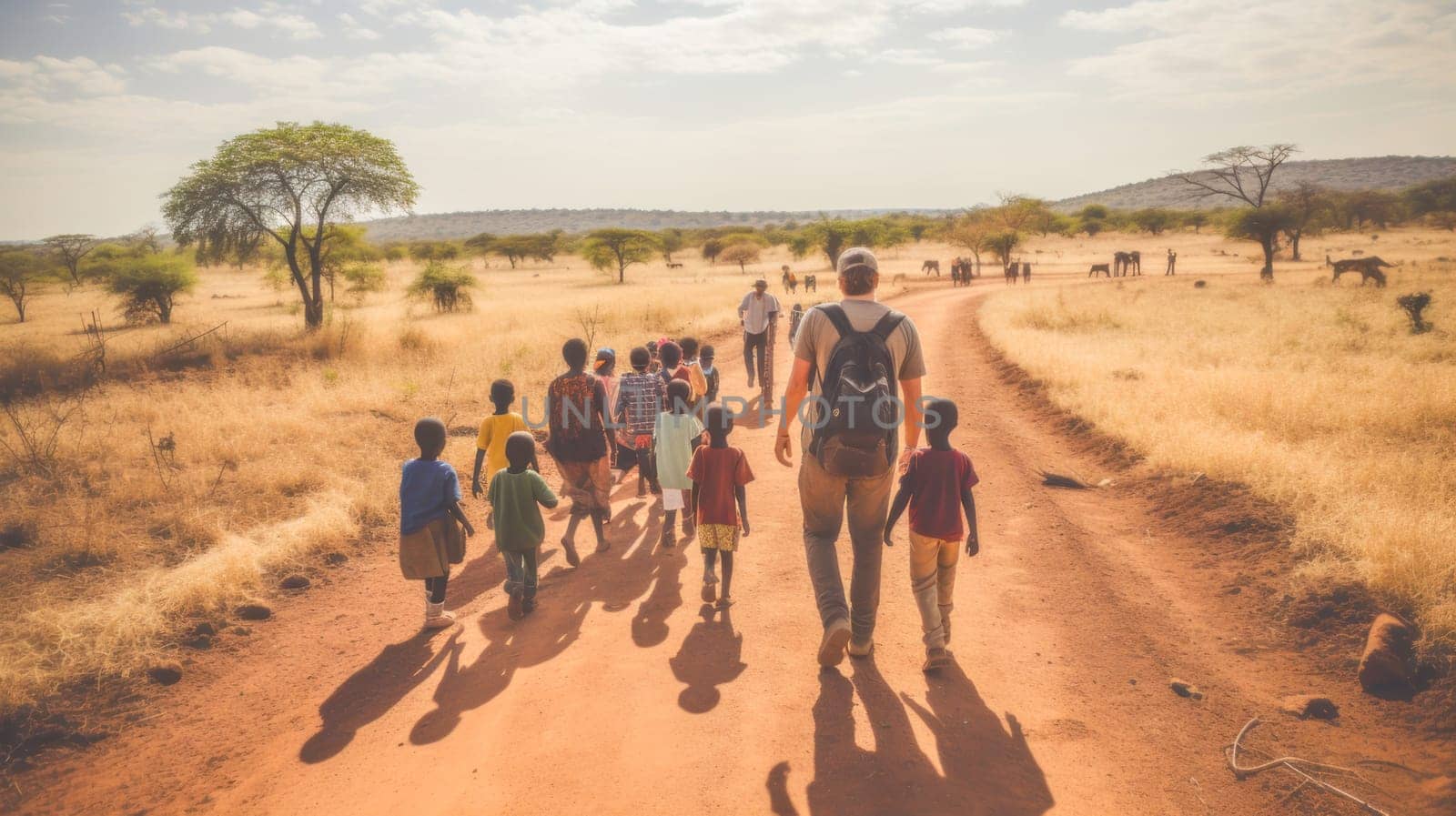 A teacher on a walk with African children near a village, rear view. The concept of education in Africa, learning problems, third world countries, volunteering, helping a school near a village, lack of knowledge and teachers, outdoor education.