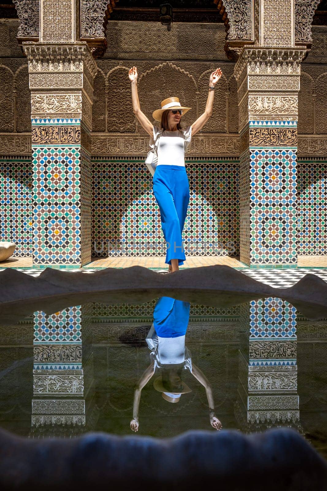 Young Woman in Al Attarine Madrassa, Stylish Visitor in Fez's Historic Site, Morocco