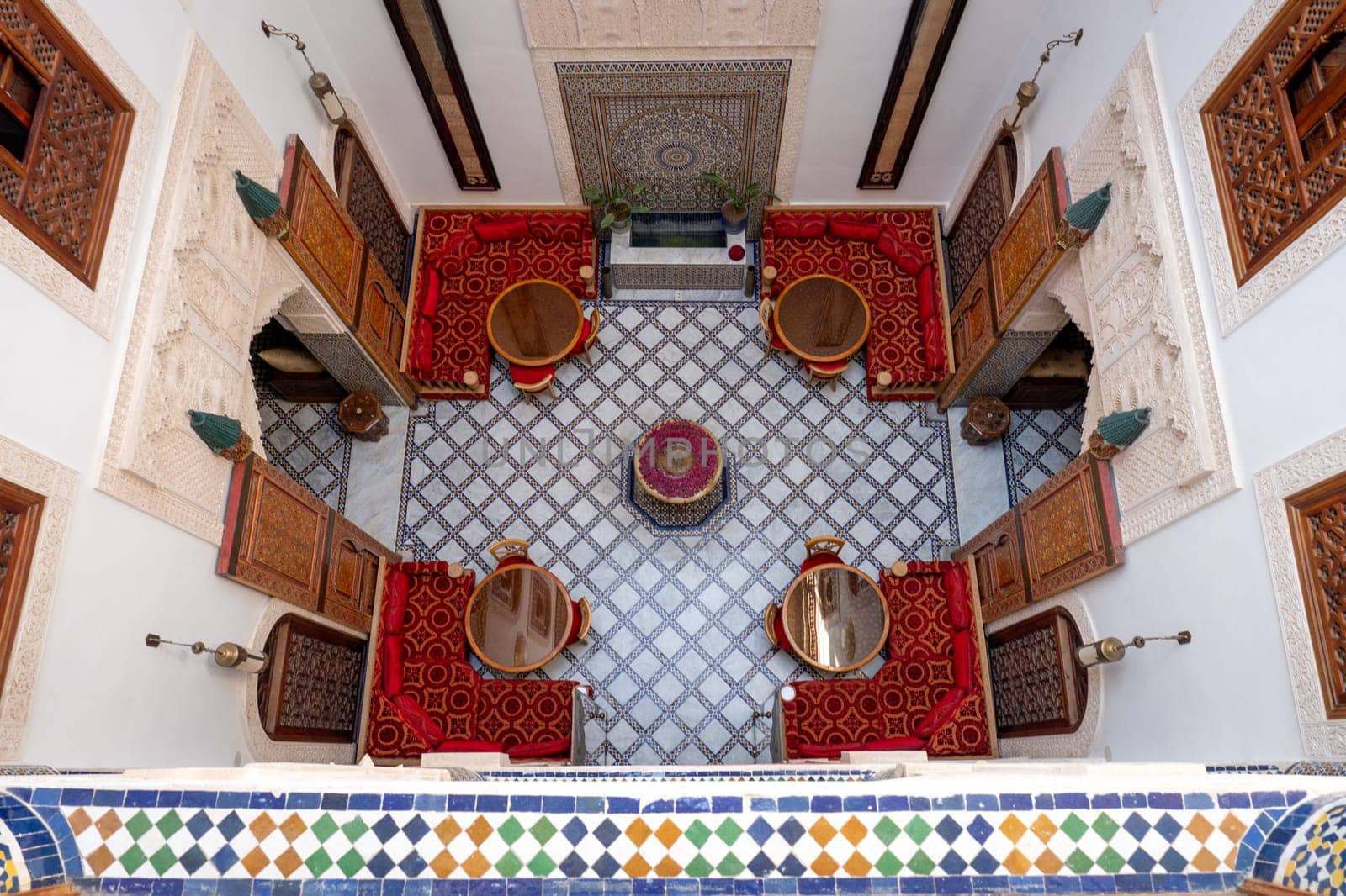 Inner Courtyard of Riad in Fez, Tranquil Oasis Amidst Moroccan Architecture, Morocco