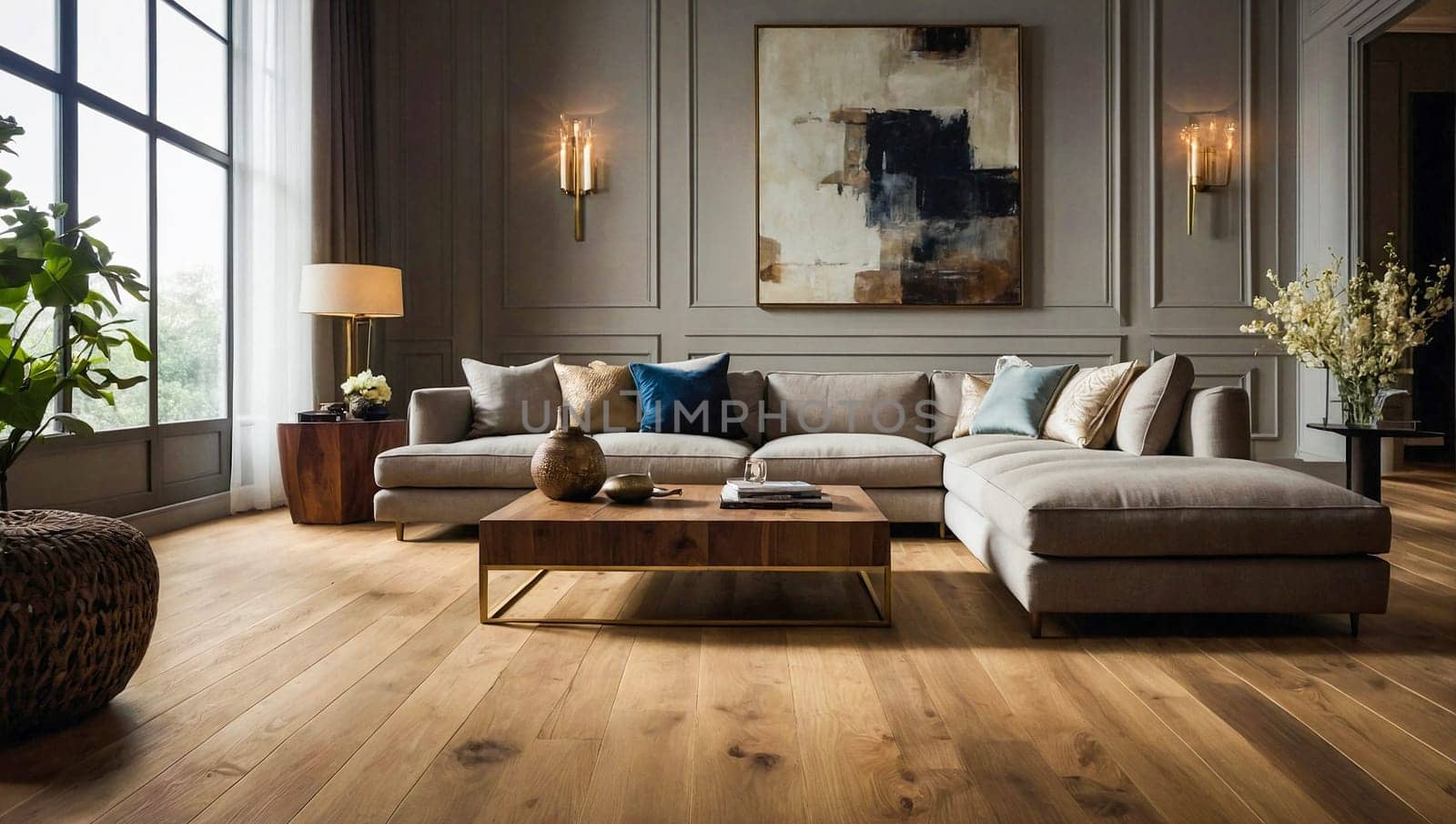Modern interior of open space with design modular sofa, furniture, wooden coffee tables, pillows, plants and elegant personal accessories in stylish home decor, living room