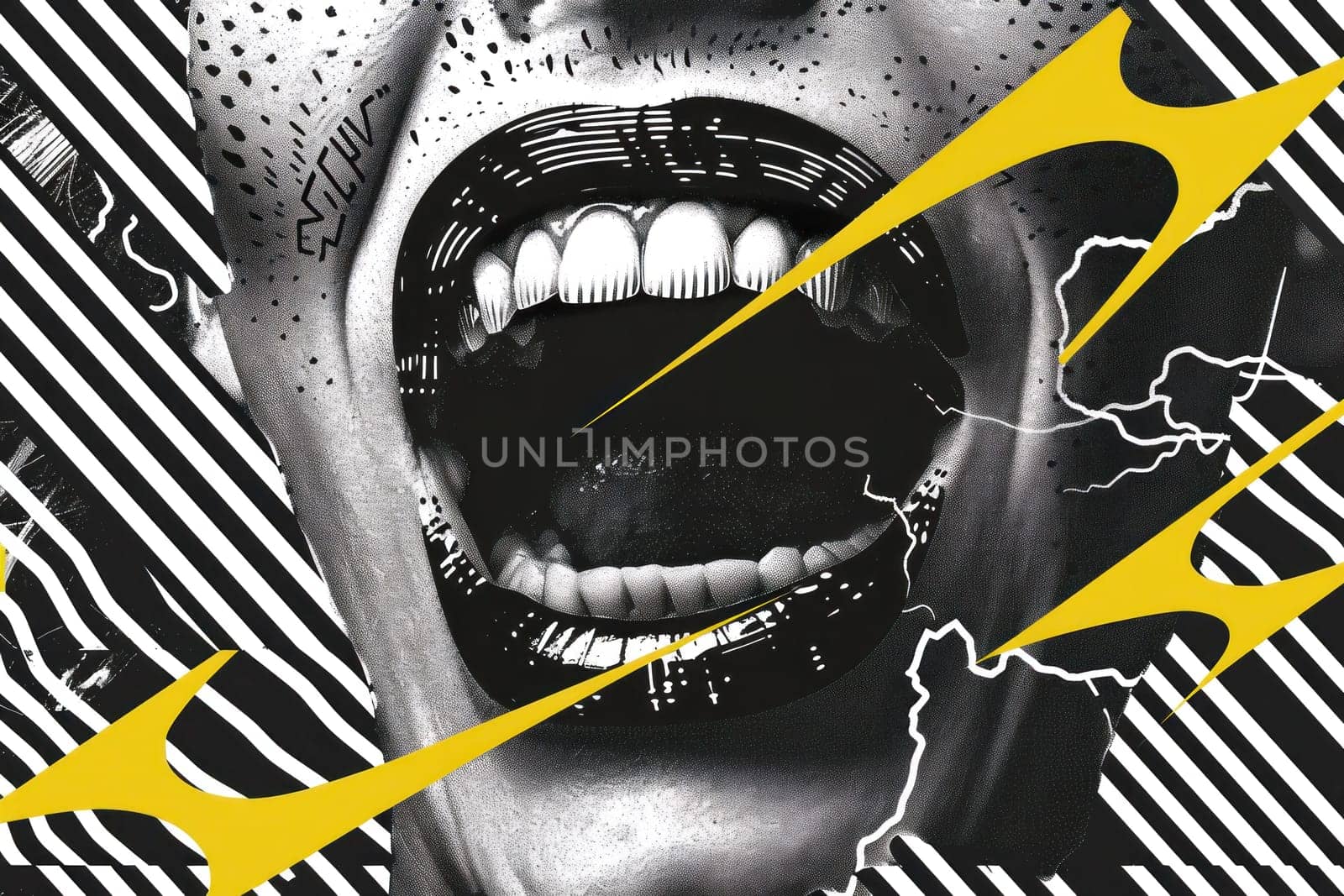 Open mouthed woman with yellow lightning bolt expressive beauty and artistic power concept for fashion and travel influencers