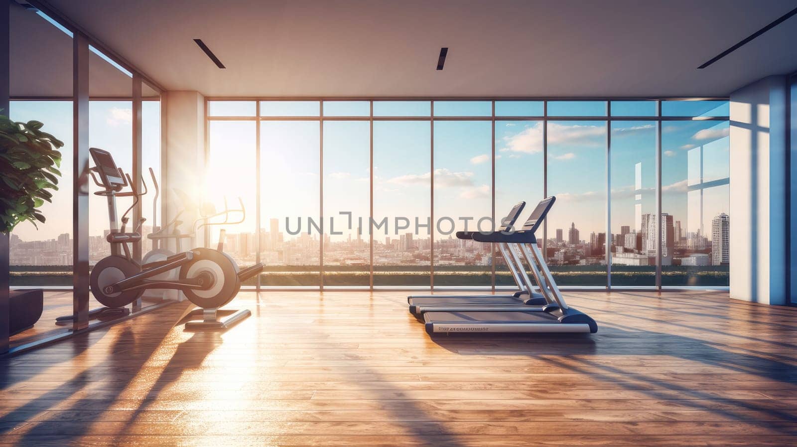 Bright modern gym with sports equipment and exercise equipment with large windows. Healthy spirit, healthy lifestyle, proper nutrition, mental health, sports and training, loss of excess weight, muscles.