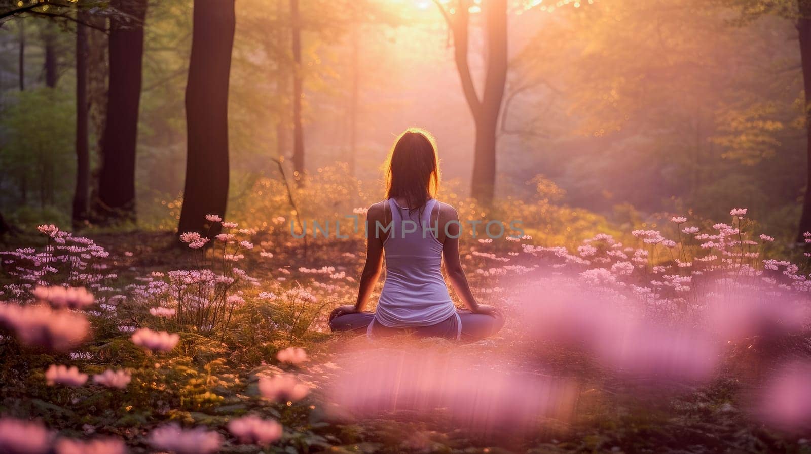 Woman girl happy smiling white Caucasian doing sports and yoga outdoors in the forest, uniting with nature. Healthy spirit, healthy lifestyle, proper nutrition, mental health, sports and training, loss of excess weight, muscles.