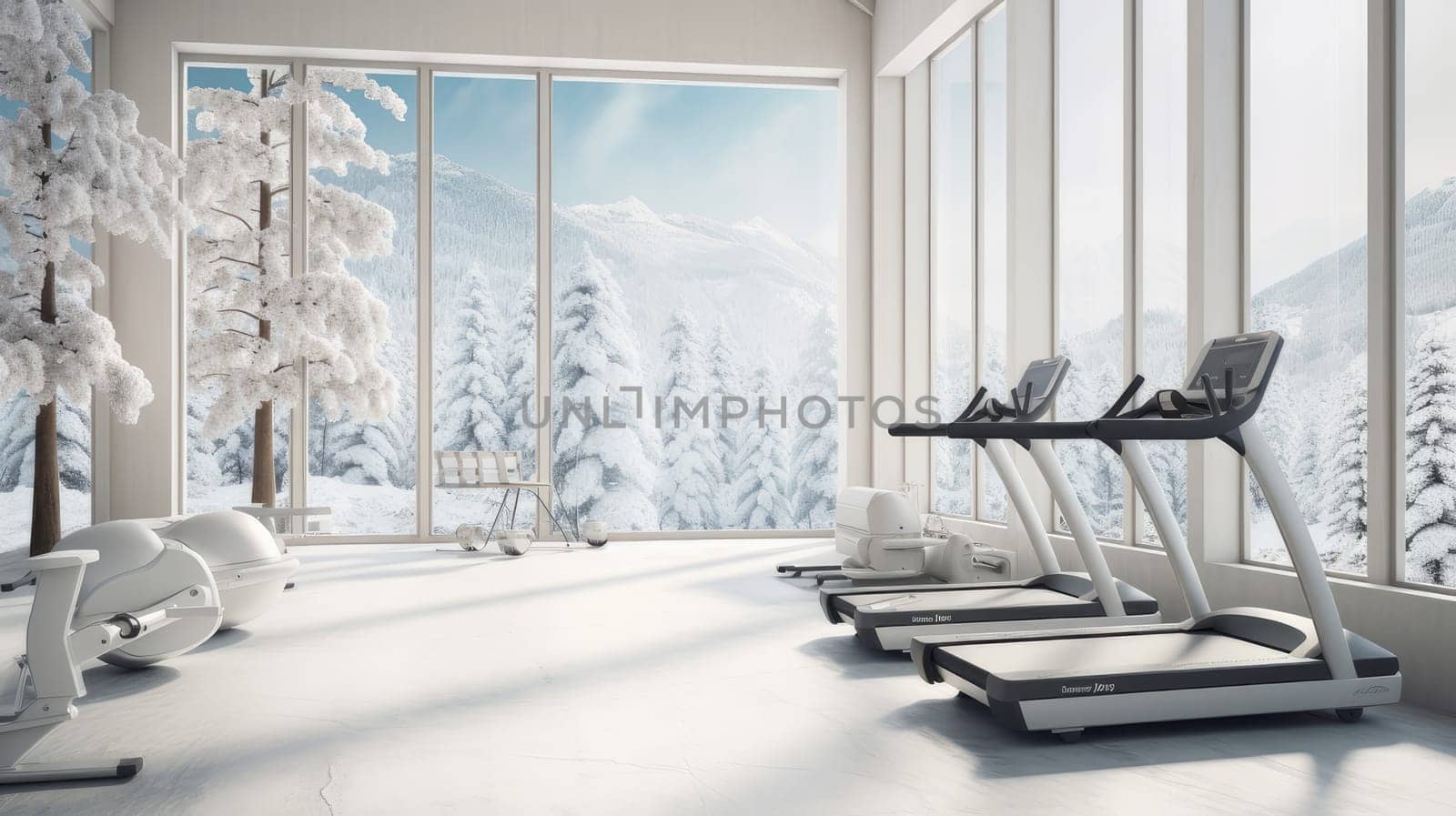 Bright modern gym with sports equipment and exercise equipment with large windows. Healthy spirit, healthy lifestyle, proper nutrition, mental health, sports and training, loss of excess weight, muscles.