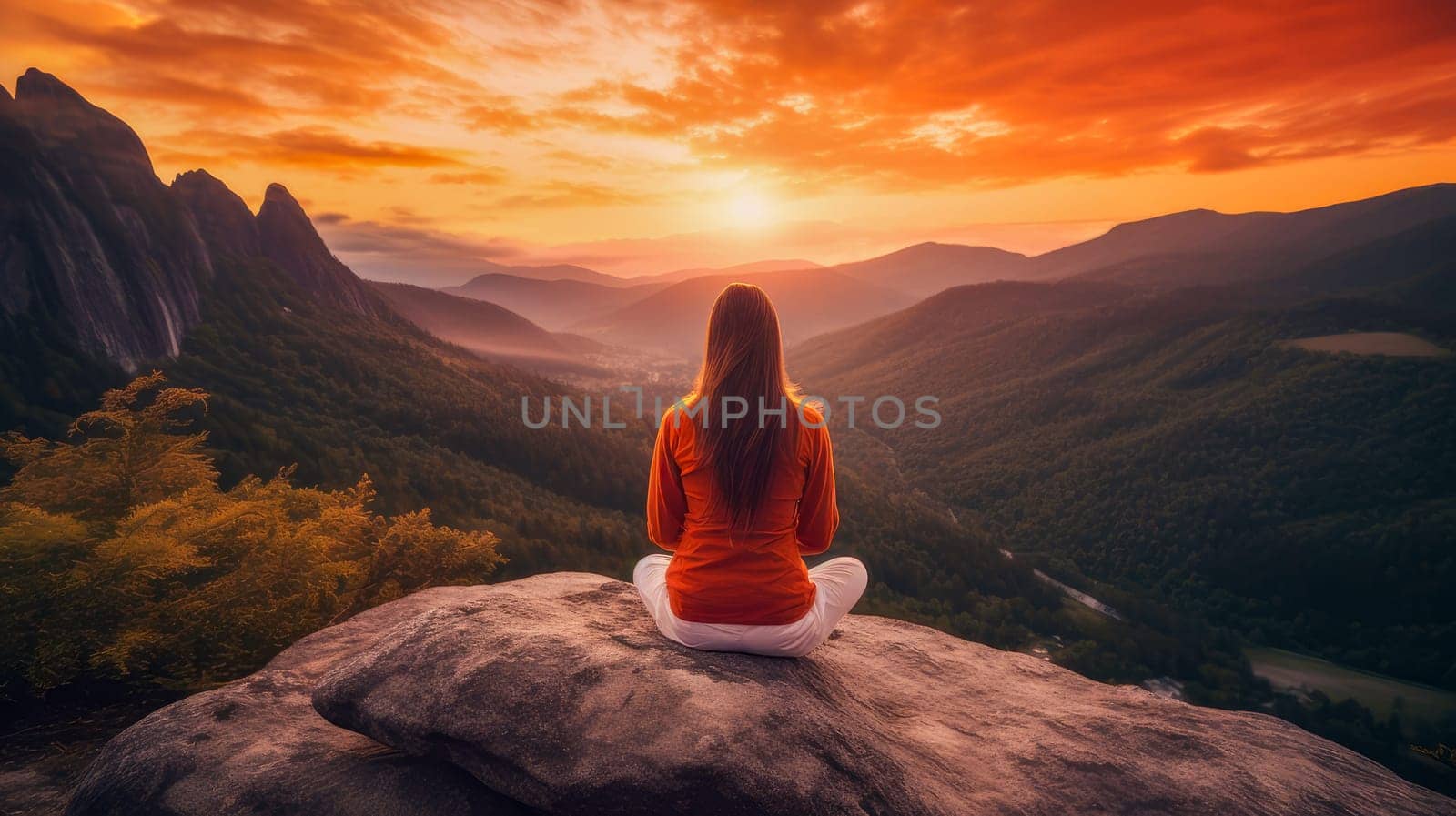 Woman girl happy smiling white Caucasian doing sports and yoga in nature in the mountains against the backdrop of the sun, uniting with nature. Healthy spirit, healthy lifestyle, proper nutrition, mental health, loss of excess weight, muscles.