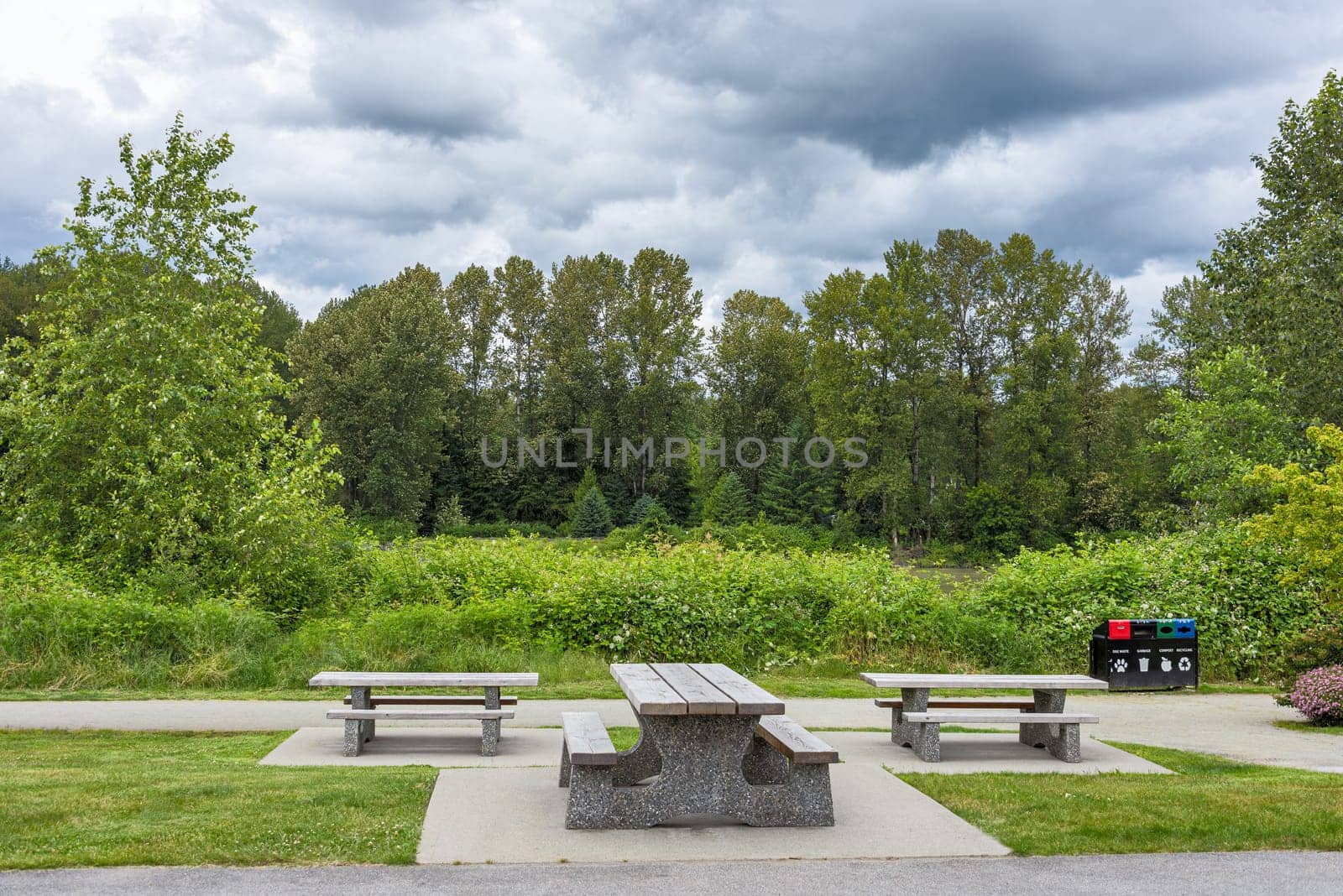Picnic table and benches on green lawn in a park at the river