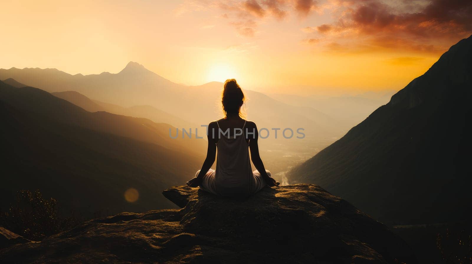 Woman girl happy smiling white Caucasian doing sports and yoga in nature in the mountains against the backdrop of the sun, uniting with nature. Healthy spirit, healthy lifestyle, proper nutrition, mental health, loss of excess weight, muscles.