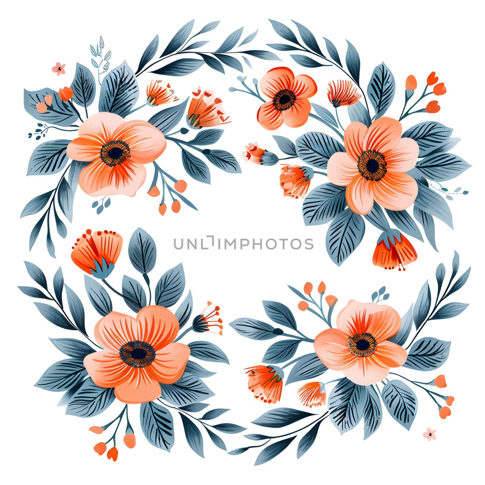 A beautiful wreath of flowers and leaves displayed on a white background, perfect for adding a touch of nature to your tableware or serveware collection