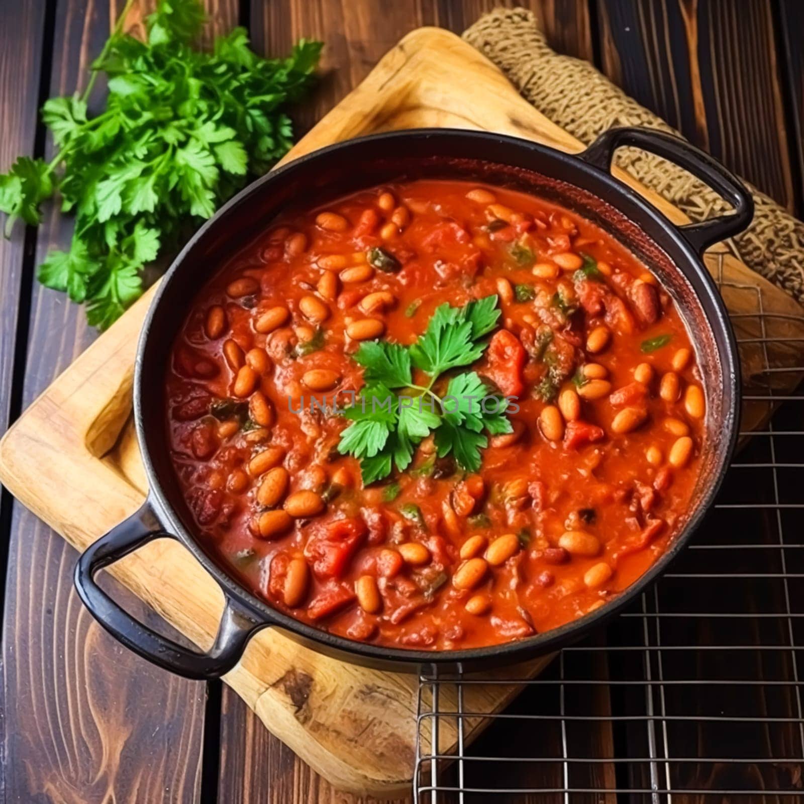 Beans in tomato sauce, country food and easy recipe idea for menu, food blog and cookbook, post-processed, generative ai
