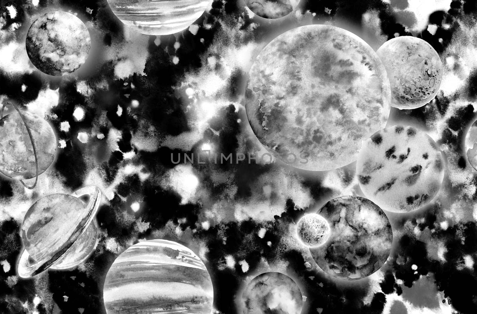 Realistic black and white solar system in watercolor seamless pattern against a dark starry sky background