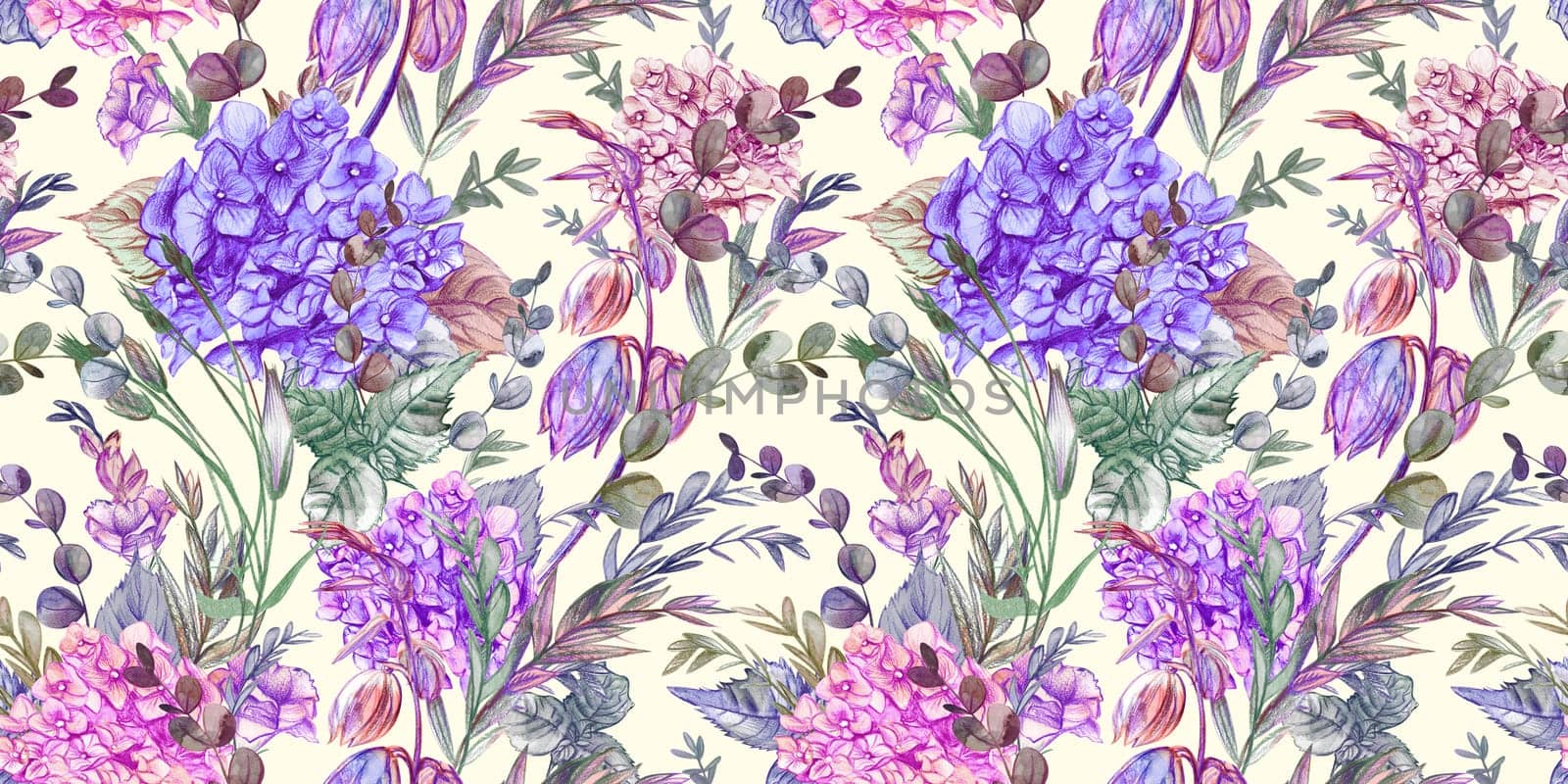 Seamless watercolor pattern drawn in pencil with hydrangeas and summer plants