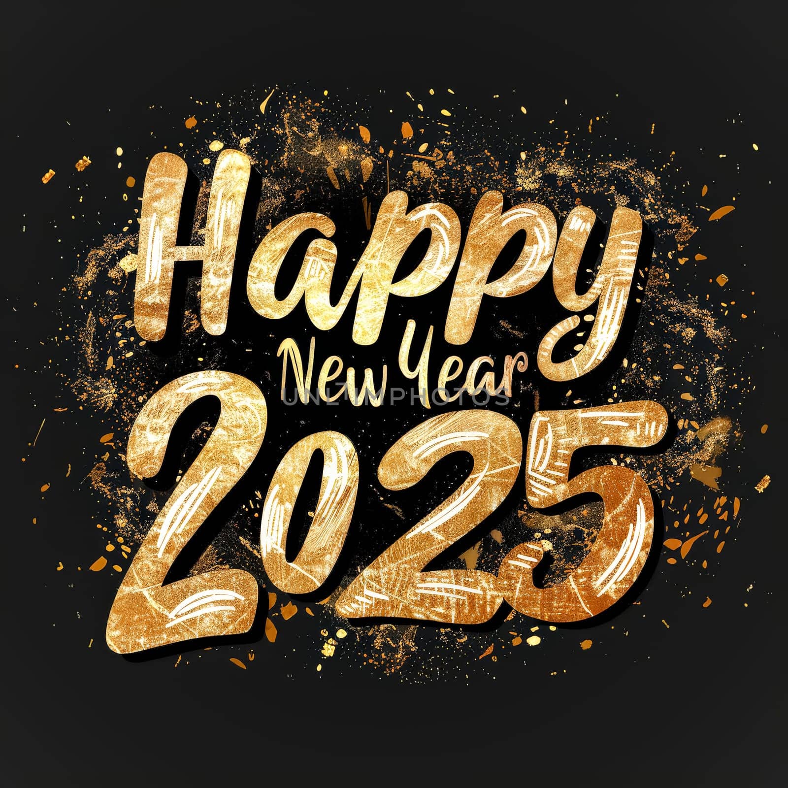 A gold and black poster with the words Happy New Year 2025 written in gold