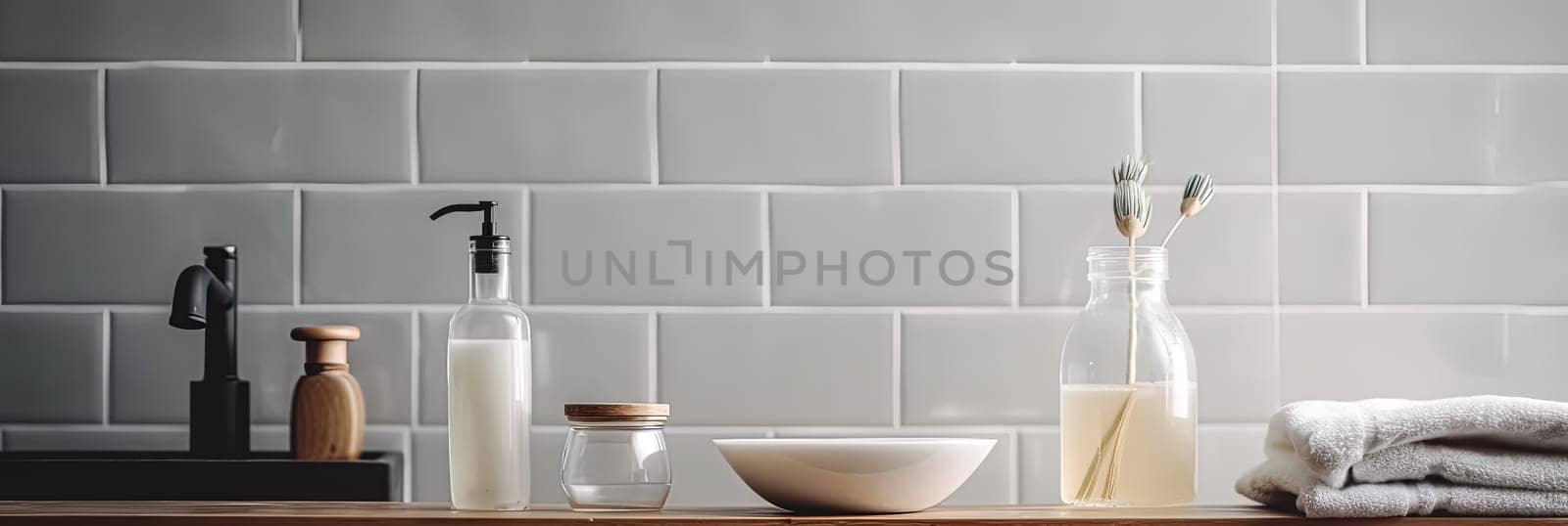 A bathroom with a white tile wall and a sink. A bottle of lotion is on the counter next to a bowl and a bottle of shampoo