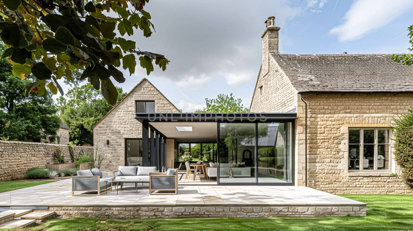 Cotswolds cottage in the English countryside style, modern architecture and design