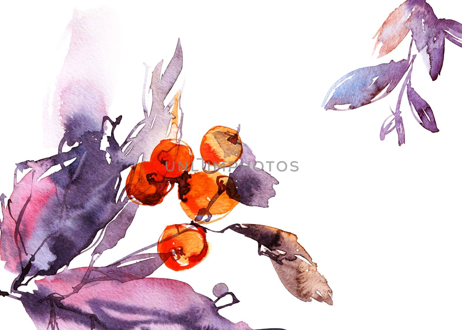 Watercolour tree branch with leaves and berries. Hand drawn modern painting, chinese painting. Artistic print for wall decor or design. Hand drawn, not AI.