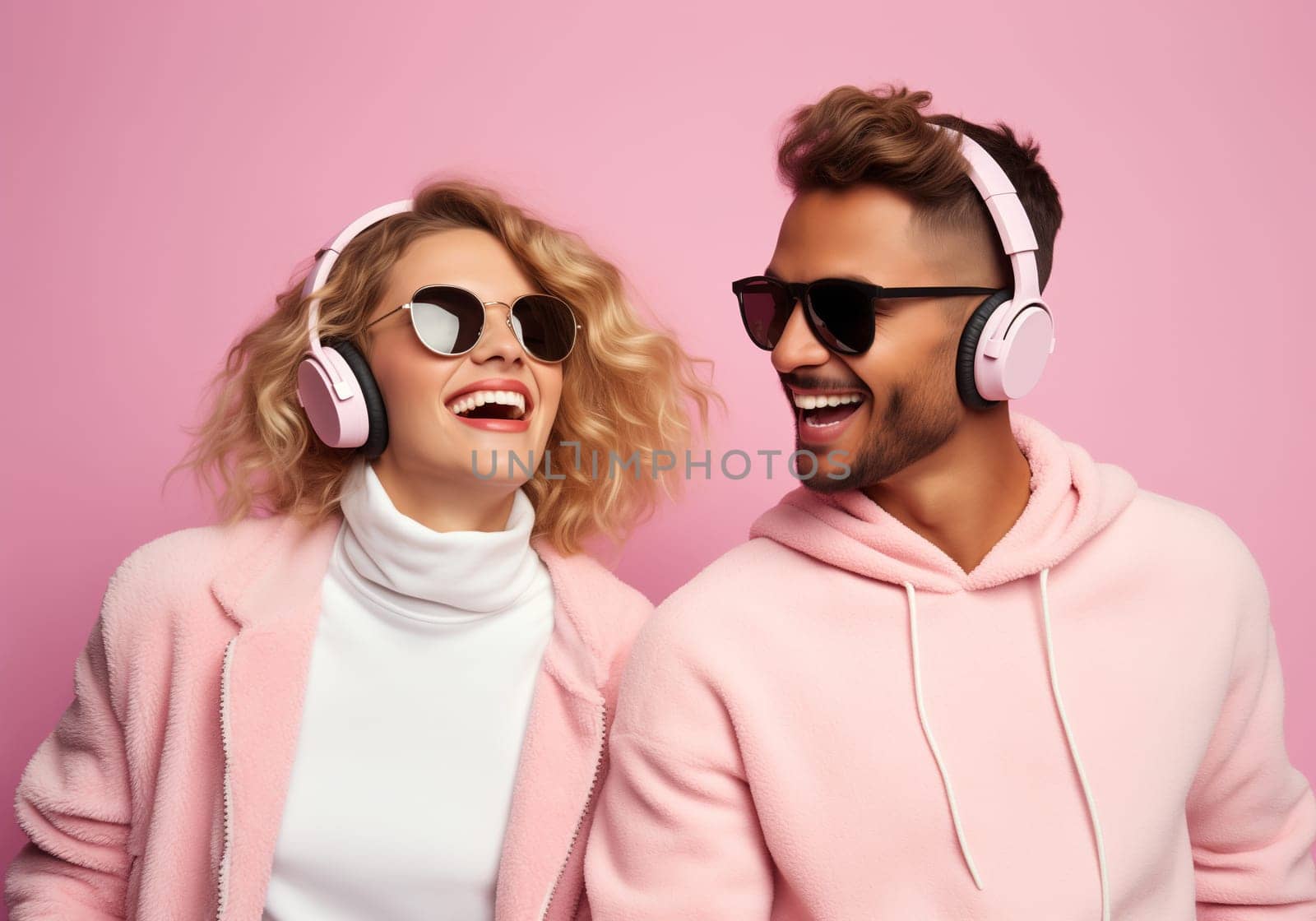 Happy modern young couple having fun together, woman and man listening to music with headphones on vivid pink background