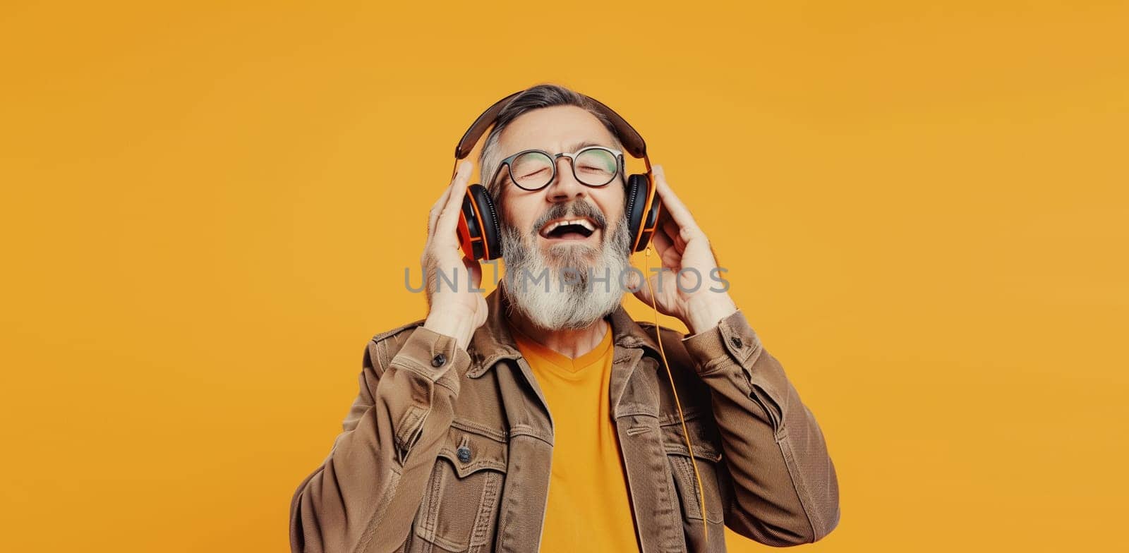 Portrait of happy laughing elderly man listening to music with headphones on yellow studio background