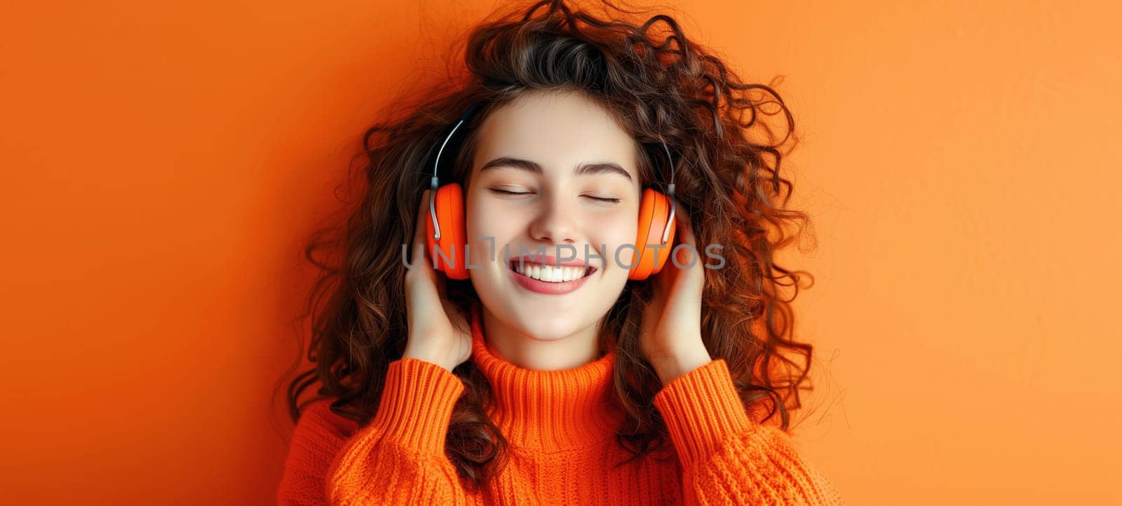 Portrait of happy modern young woman listening to music with headphones on vivid orange background