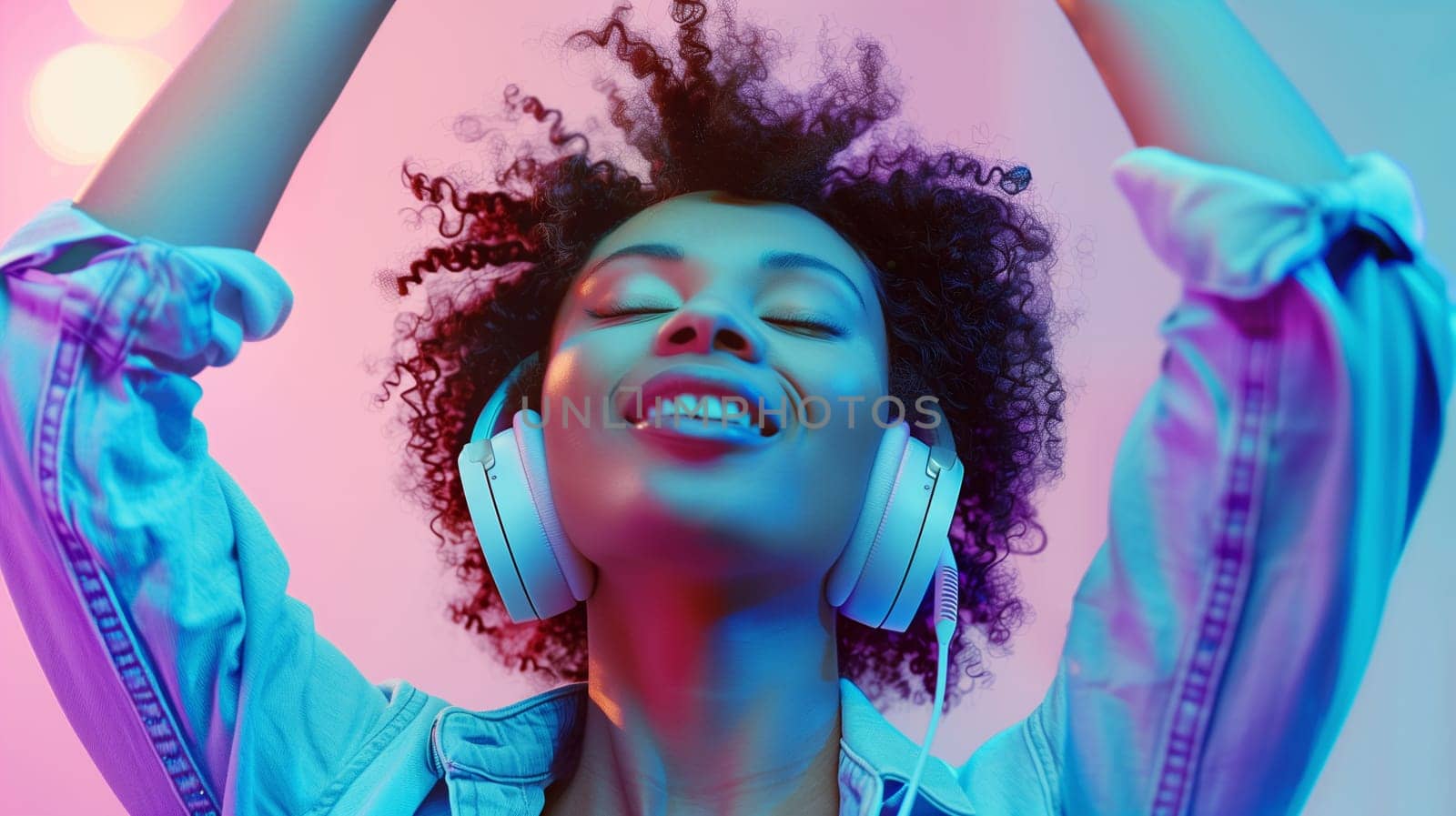 Portrait of happy modern african young woman listening to music with headphones on vivid neon colors background