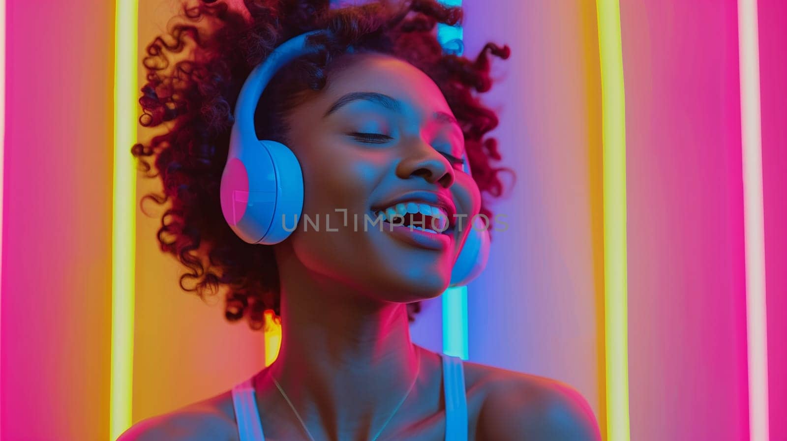Portrait of happy modern african young woman listening to music with headphones on vivid neon colors background