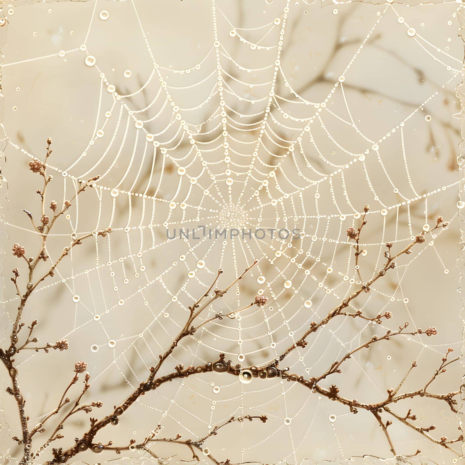 An intricate spider web adorned with tints and shades hangs delicately from a tree branch, creating a symmetrical pattern that is natures own embellishment on the wood and twigs
