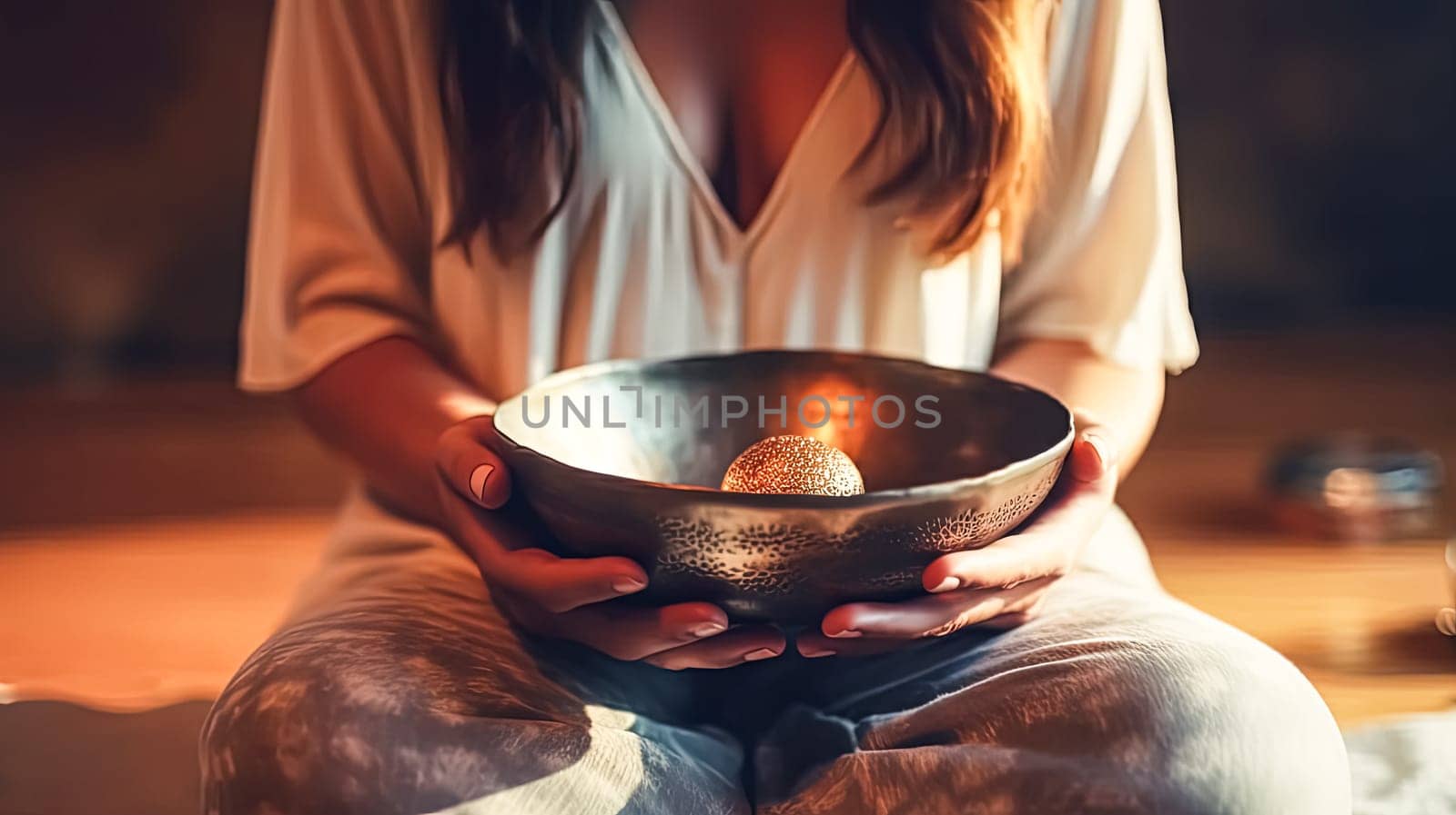 A woman is holding a gold bowl in her hands. The bowl is large and has a shiny, reflective surface. The woman is in a relaxed and peaceful state, possibly meditating or enjoying a moment of solitude