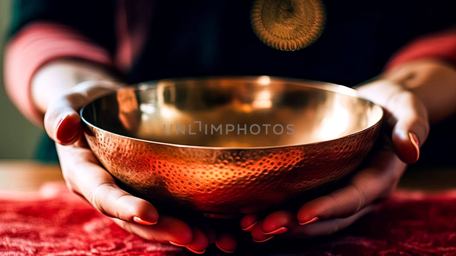 A woman is holding a gold bowl in her hands. by Alla_Morozova93