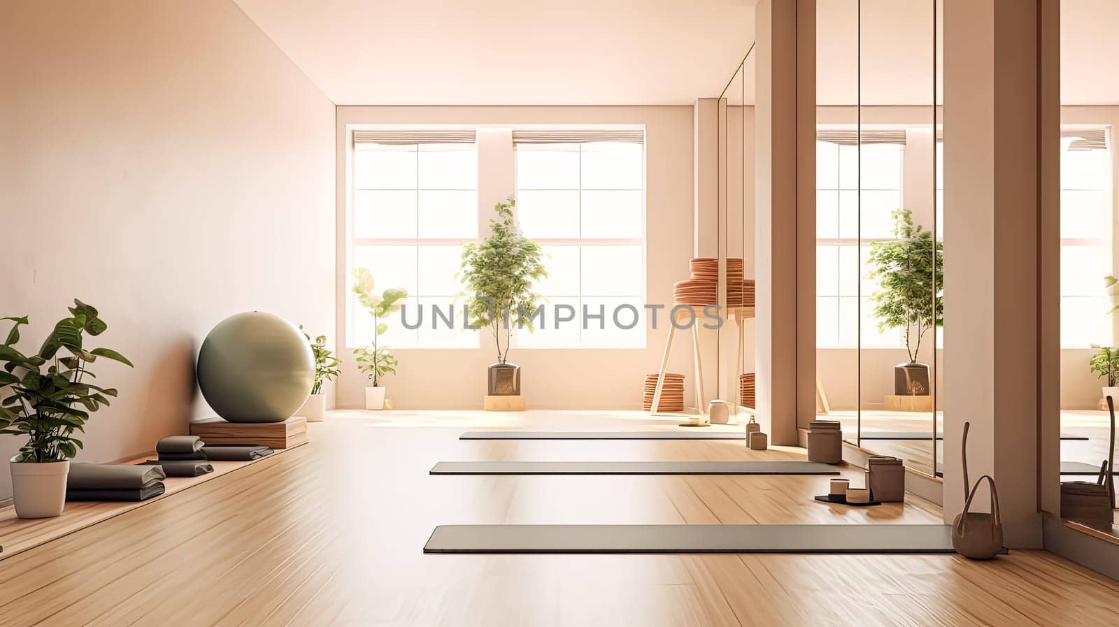 A large room with a lot of greenery and a lot of windows. The room is very open and spacious. yoga room