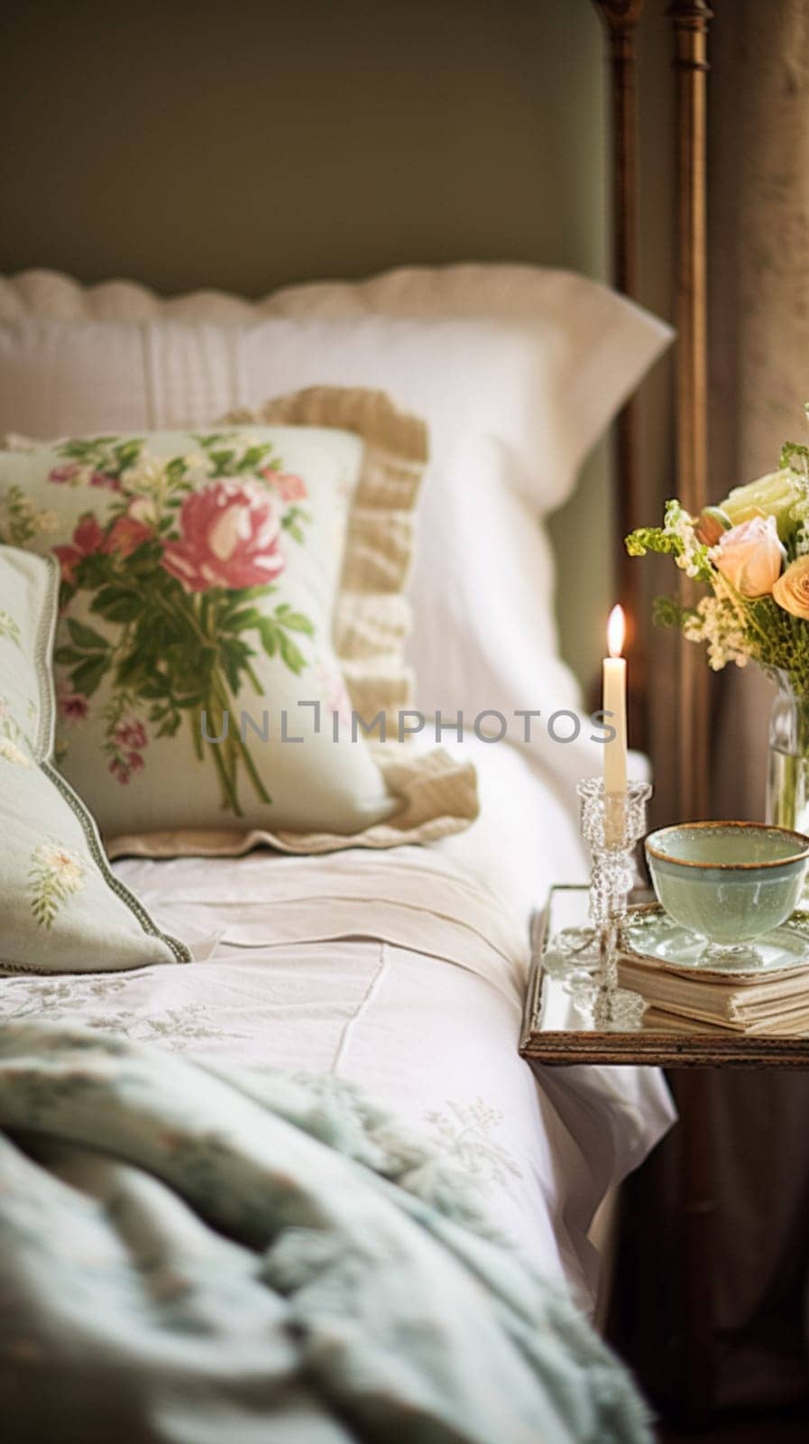 Bedroom decor, modern cottage interior design and home decor, bed linen and elegant country bedding, lamp and flowers, English countryside house style inspiration