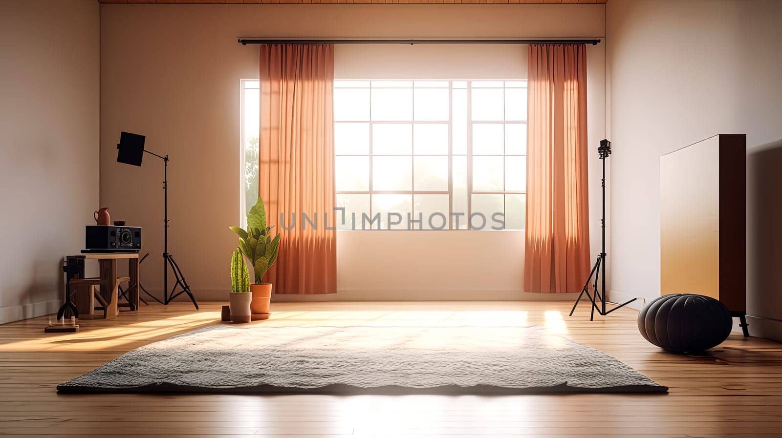 A room with a guitar, a microphone, and a camera. The room is bright and sunny, and there are two people in the room