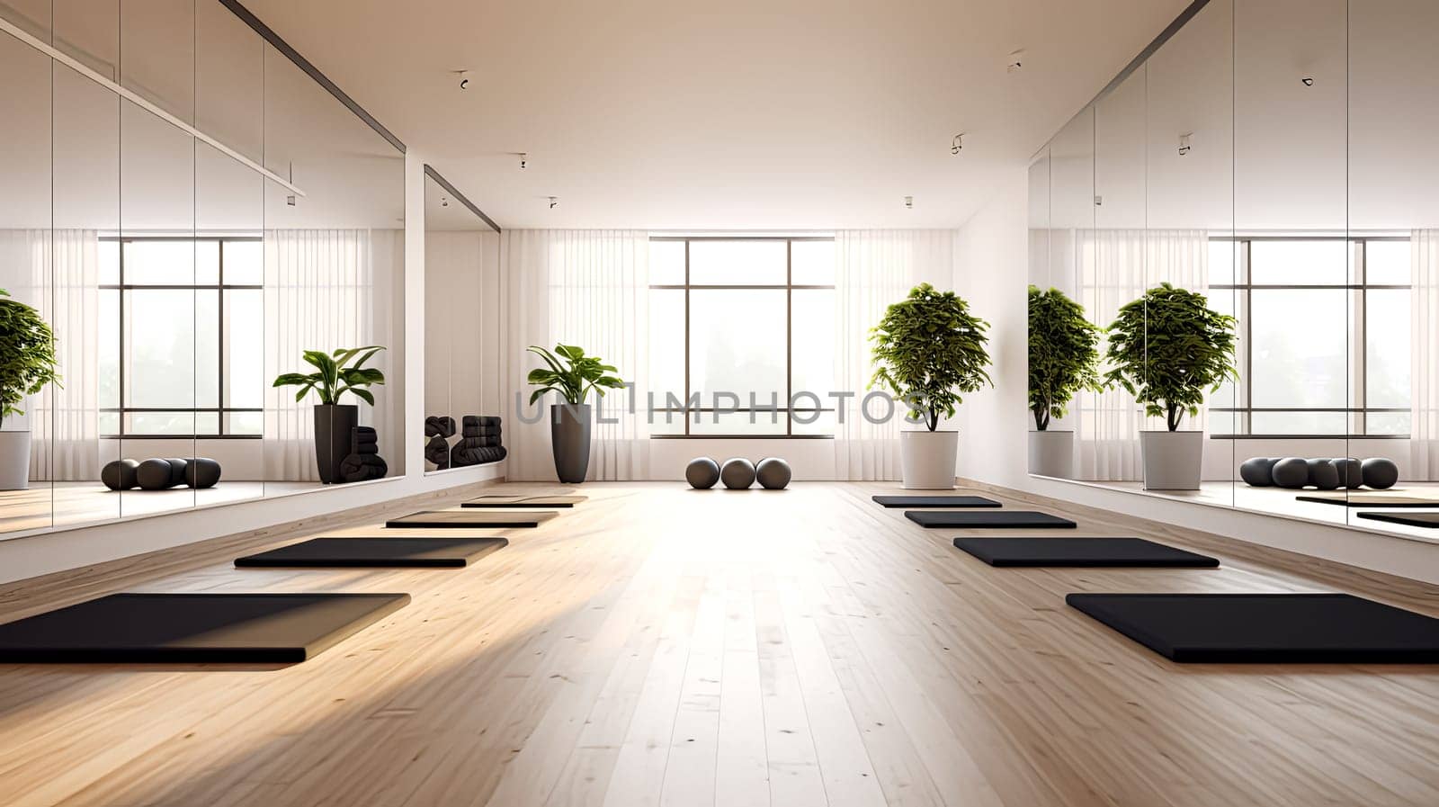 A large room with a lot of greenery and a lot of windows. The room is very open and spacious. yoga room