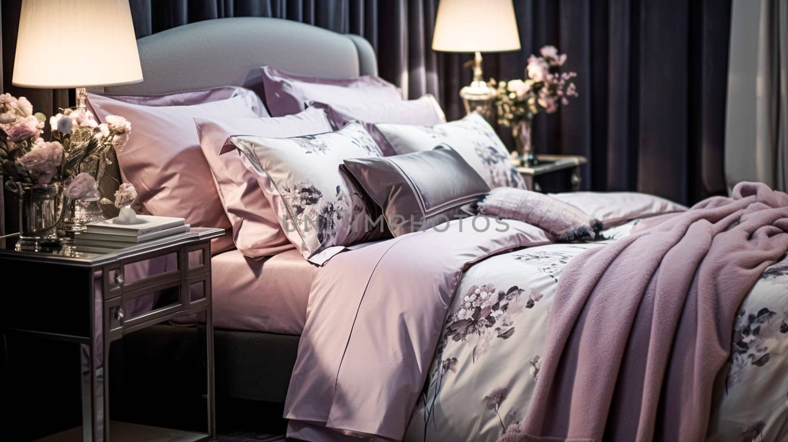 Bedroom decor, modern cottage interior design and home decor, bed linen and elegant country bedding style, lamp and flowers, English countryside house or holiday rental interiors