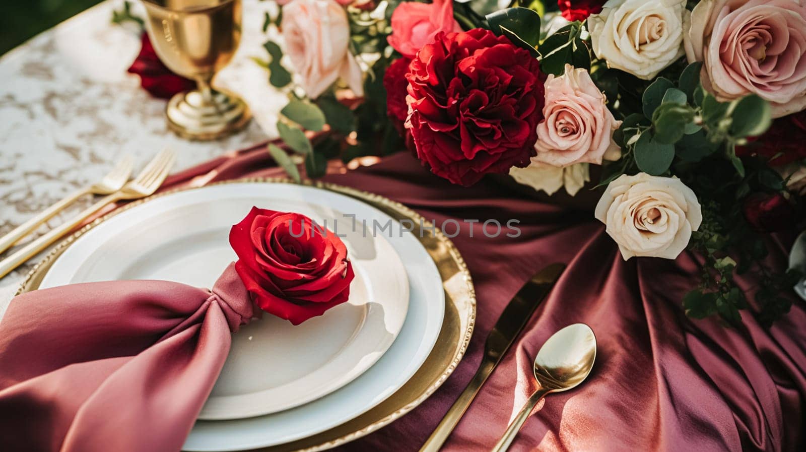 Wedding and event celebration tablescape with flowers, formal dinner table setting with roses and wine, elegant floral table decor for dinner party and holiday decoration, home styling idea