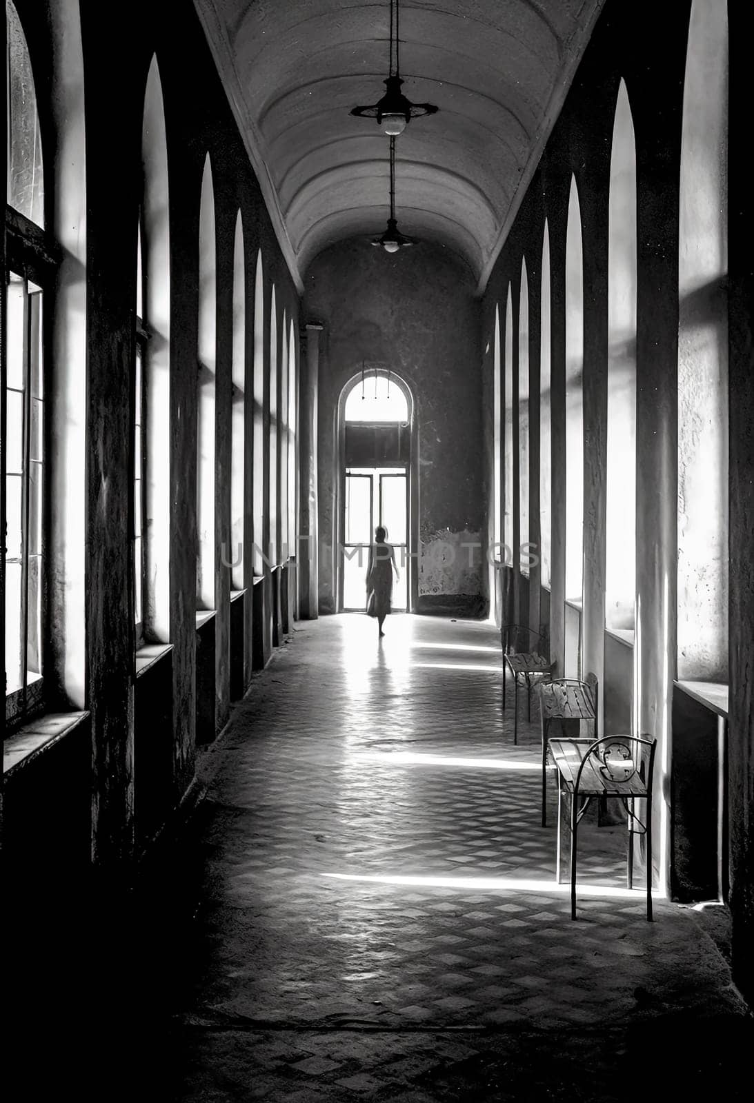 A woman is walking down a long hallway with a few chairs in the background. The hallway is dark and empty, giving off a sense of loneliness and isolation